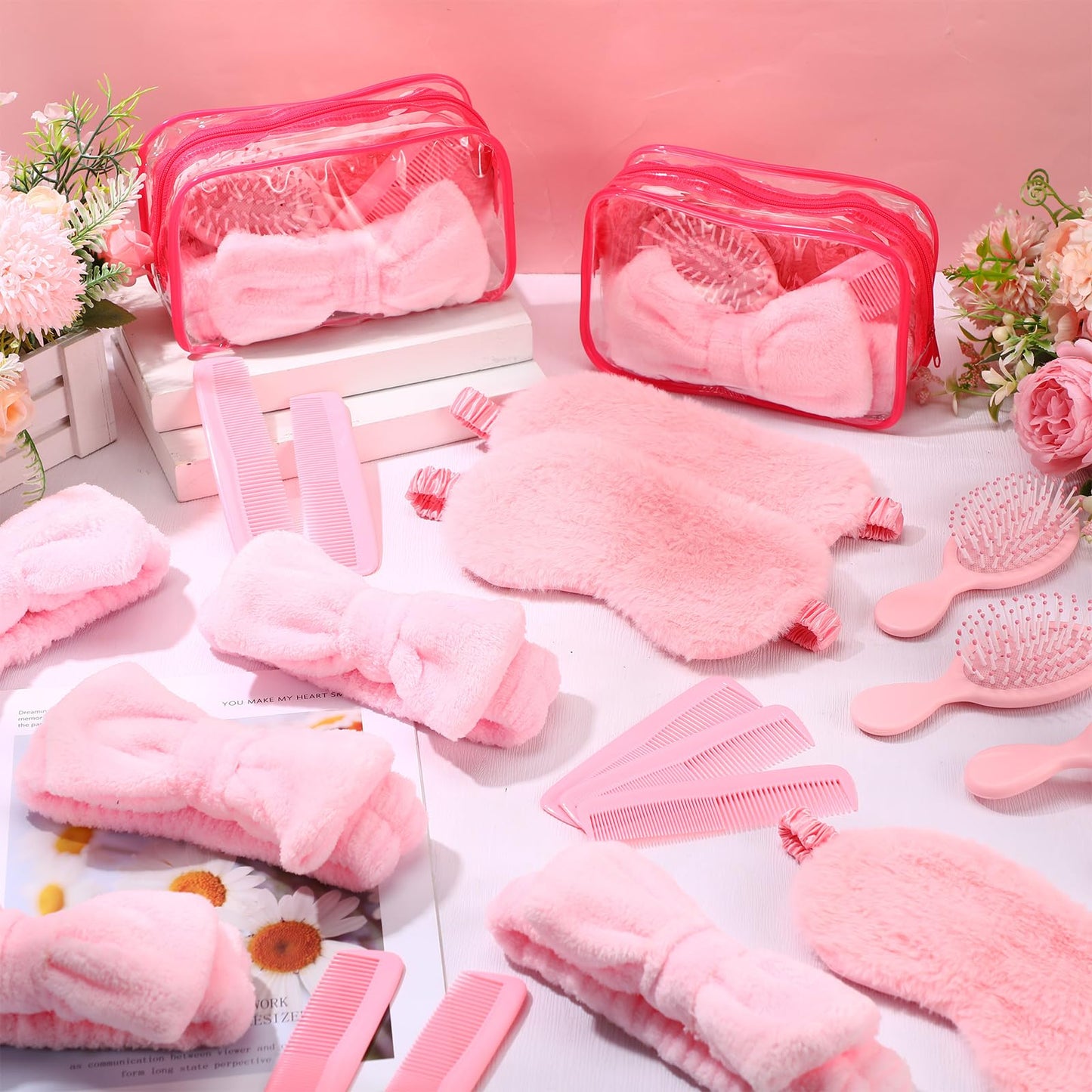 Wavyknot 60 Pcs Sleepover Party Supplies 12 Pink Spa Headband 12 Plush Sleep Eye Mask 12 Mini Hair Brush 12 Combs 12 Clear Cosmetic Bags Bulk for Christmas Spa Slumber Party Favors Gift