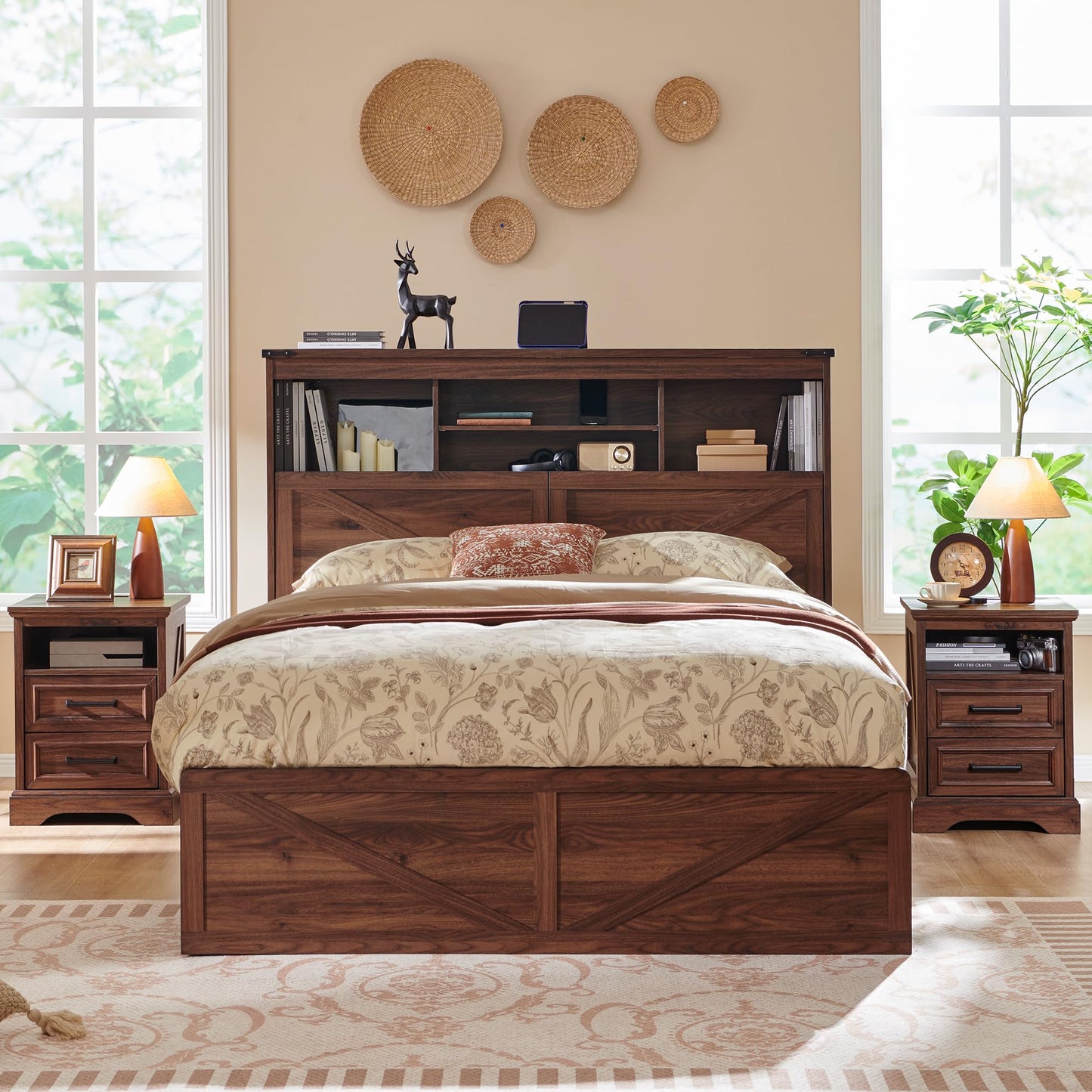 ACCOHOHO Farmhouse Queen Size Wood Bed Frame with 52" Tall Storage Headboard and 4 Drawers,LED Light,Charging Station,Solid Wood Slats Support,Noiseless,No Box Spring Needed,Brown