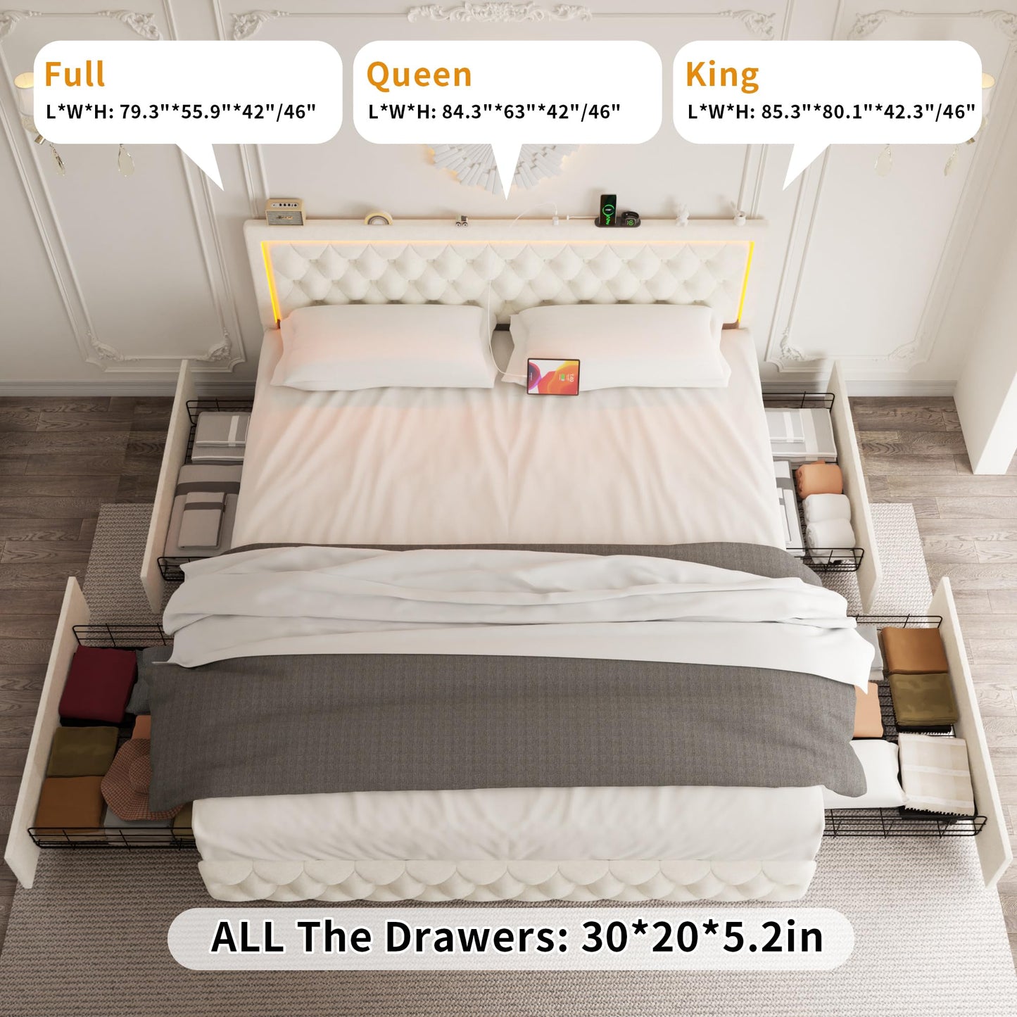 VOHOBY Queen Bed Frame with 4 Storage Drawers, Velvet Upholstered Bed Frame Queen Size with Charging Station and LED Lights, 46" Adjustable Button Tufted Headboard, No Box Spring Needed, Beige