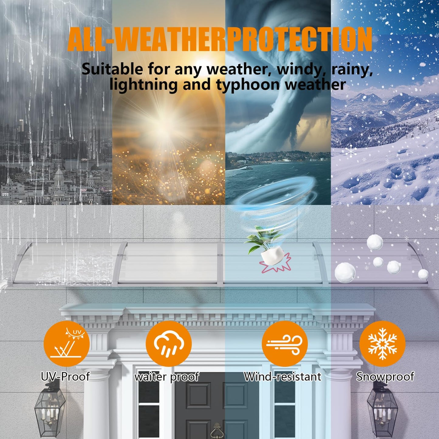 Window Awning Door Canopy 32"x80", Awnings for Doors Polycarbonate Cover Patio Door Awning UV Rain Snow Sunlight Protection Hollow Sheet with Separate Drainage Sink, Gray Bracket & Transparent Board