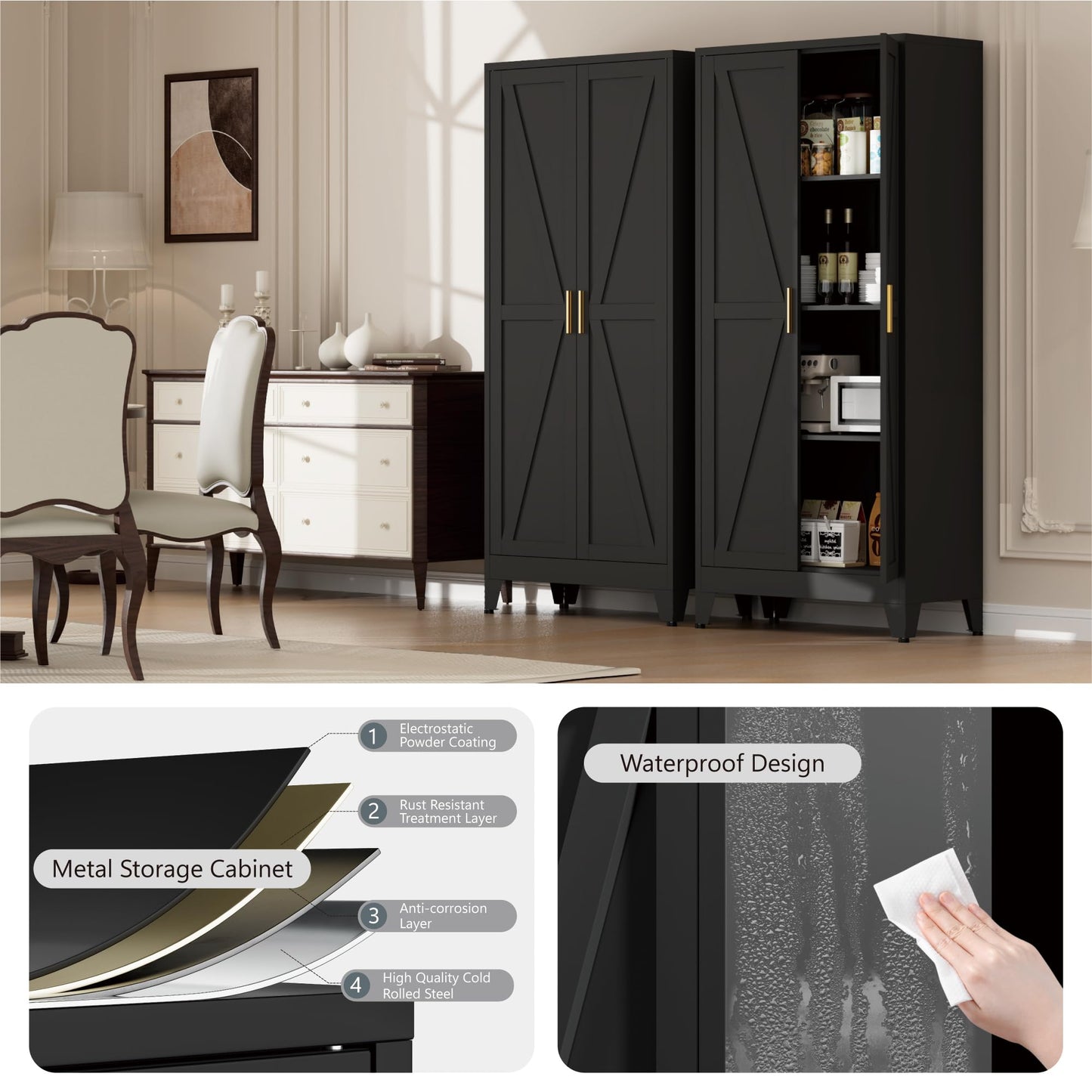 61" Kitchen Pantry Cabinet, Farmhouse Metal Storage Cabinet with 2 Doors and 3 Adjustable Shelves, Metal Pantry Closet Cabinets for Kitchen Bathroom, Home Office, Living Room