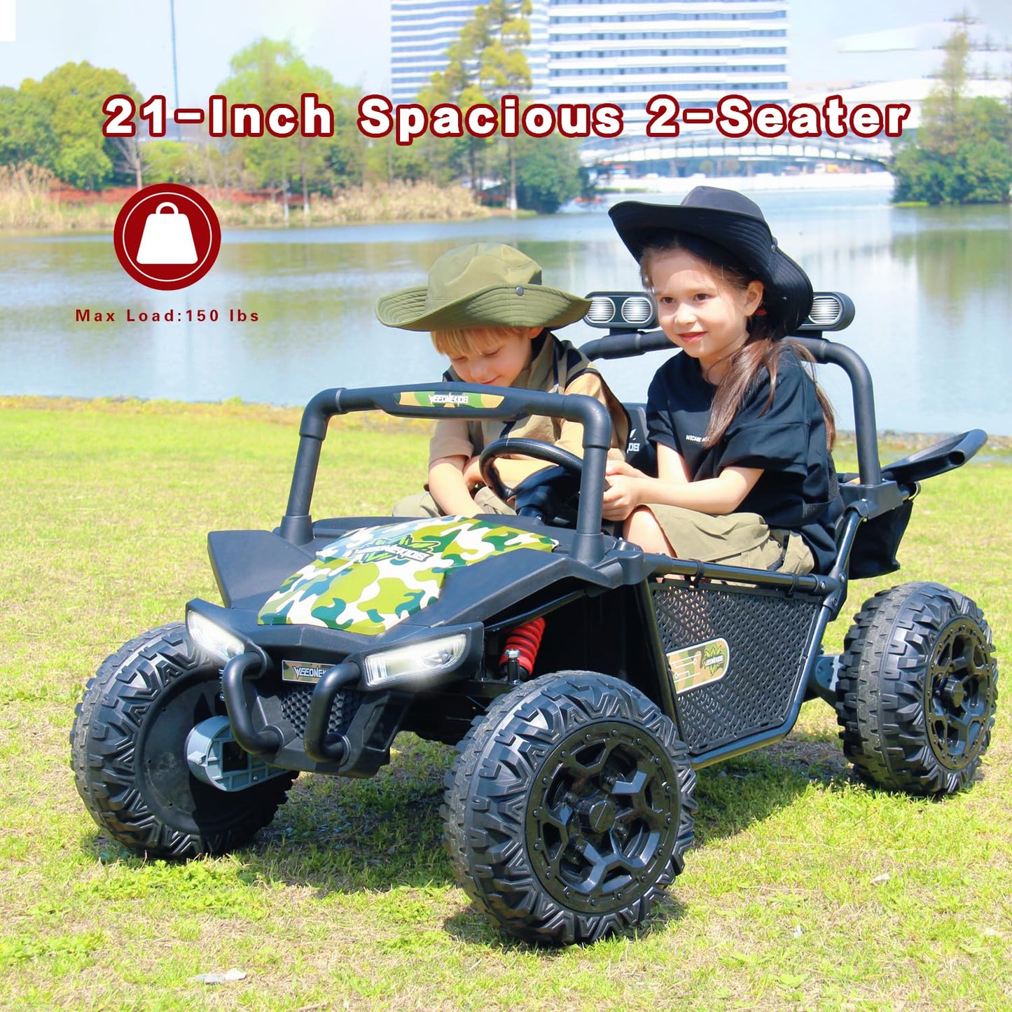 4V Ride on Toy for Big Kids, Kids' 2 Seat Electric Vehicles Outdoor Race Truck Car with 4 75W Strong MotorsBluetooth Speaker and 24V 7AH Big Battery,2 Seat Electric Cars for Kid 3-12 (Woodland)