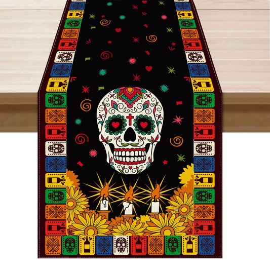 XCHI Sugar Skull Marigolds Floral Dia De Los Muertos Table Runner Candles Day of The Dead Mexican Table Decoration for Home Kitchen Dining Holiday Fiesta Themed Party Decor 13x72 Inch