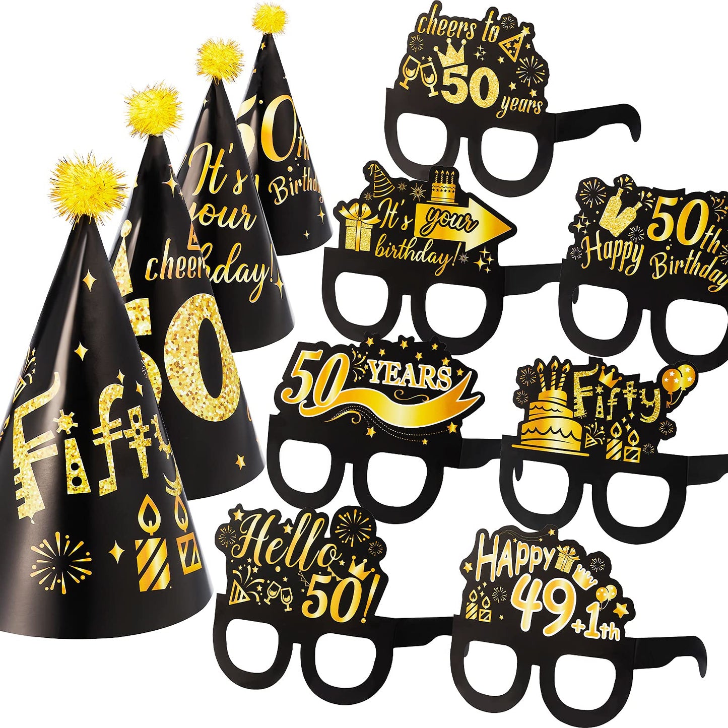 26 Pieces 50th Birthday Party Decoration Glasses and Hats Kits Black Gold Theme Paper Eyeglasses and Hats Funny Glasses and Hats Costume Accessories 50th Birthday Party Supplies for Men and Women