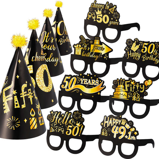26 Pieces 50th Birthday Party Decoration Glasses and Hats Kits Black Gold Theme Paper Eyeglasses and Hats Funny Glasses and Hats Costume Accessories 50th Birthday Party Supplies for Men and Women