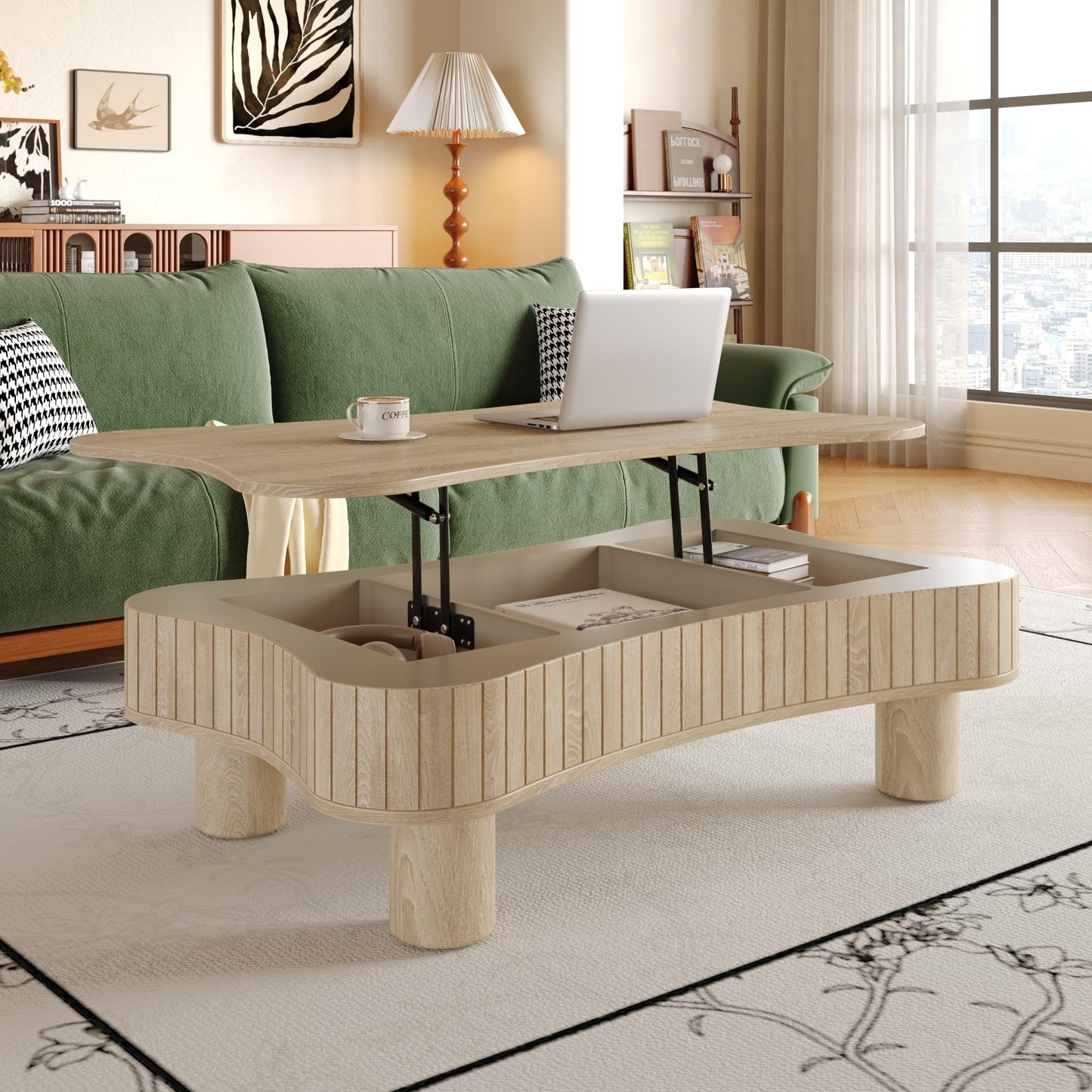 42'' Fluted Lift-top Coffee Table, Modern Butterfly Coffee Table Accent Tea Table with Hidden Storage and Adjustable Height for Living Room, Bedroom, Apartment or Office