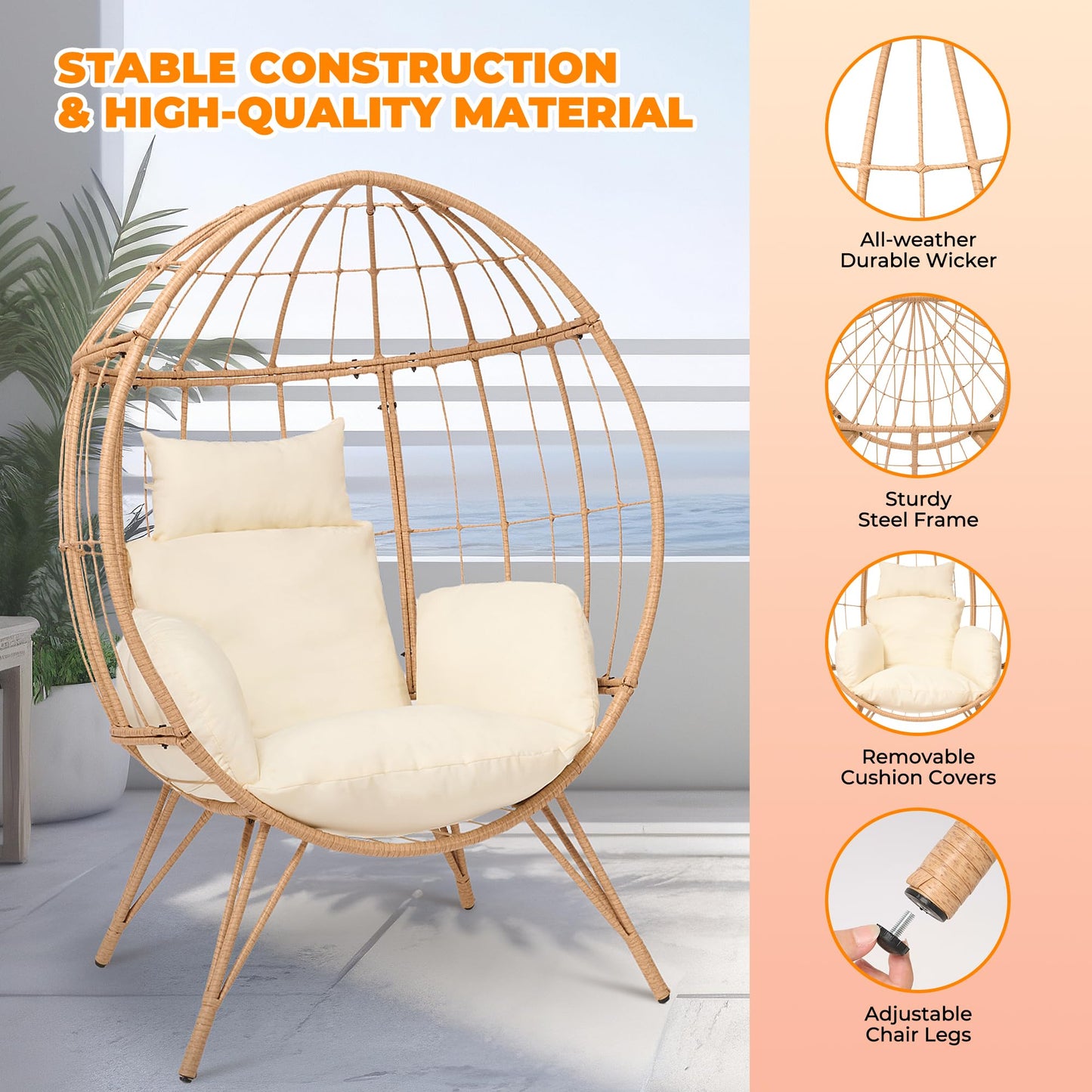 Wicker Egg Chair with Cushion,Outdoor Rattan Egg Basket Chair 350lbs Capacity Oversized Patio Lounge Chair for Living Room,Backyard,Balcony,Beige