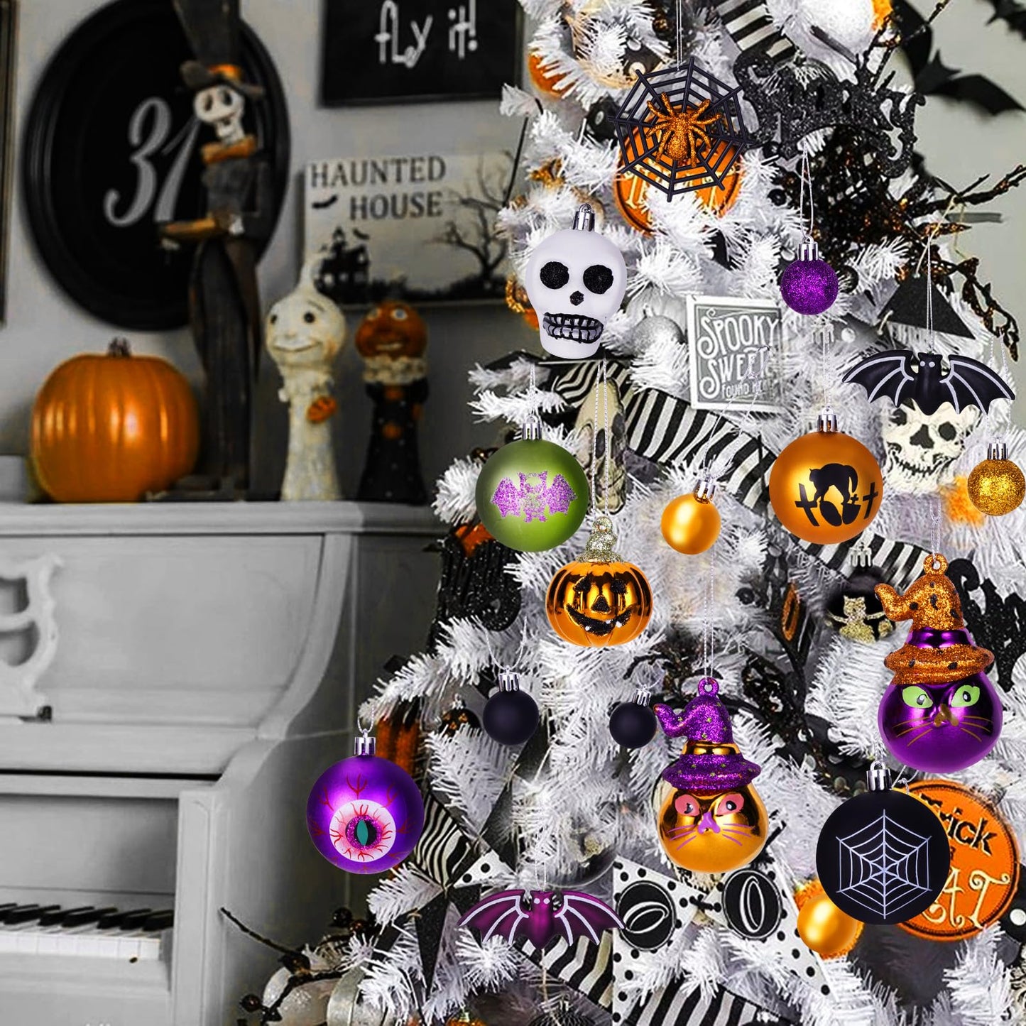 28Pcs Halloween Ball Ornaments Set, Shatterproof Hanging Halloween Tree Ornaments with Spider, Pumpkin, Skull Design for Indoor&Outdoor Holiday Party Decoration