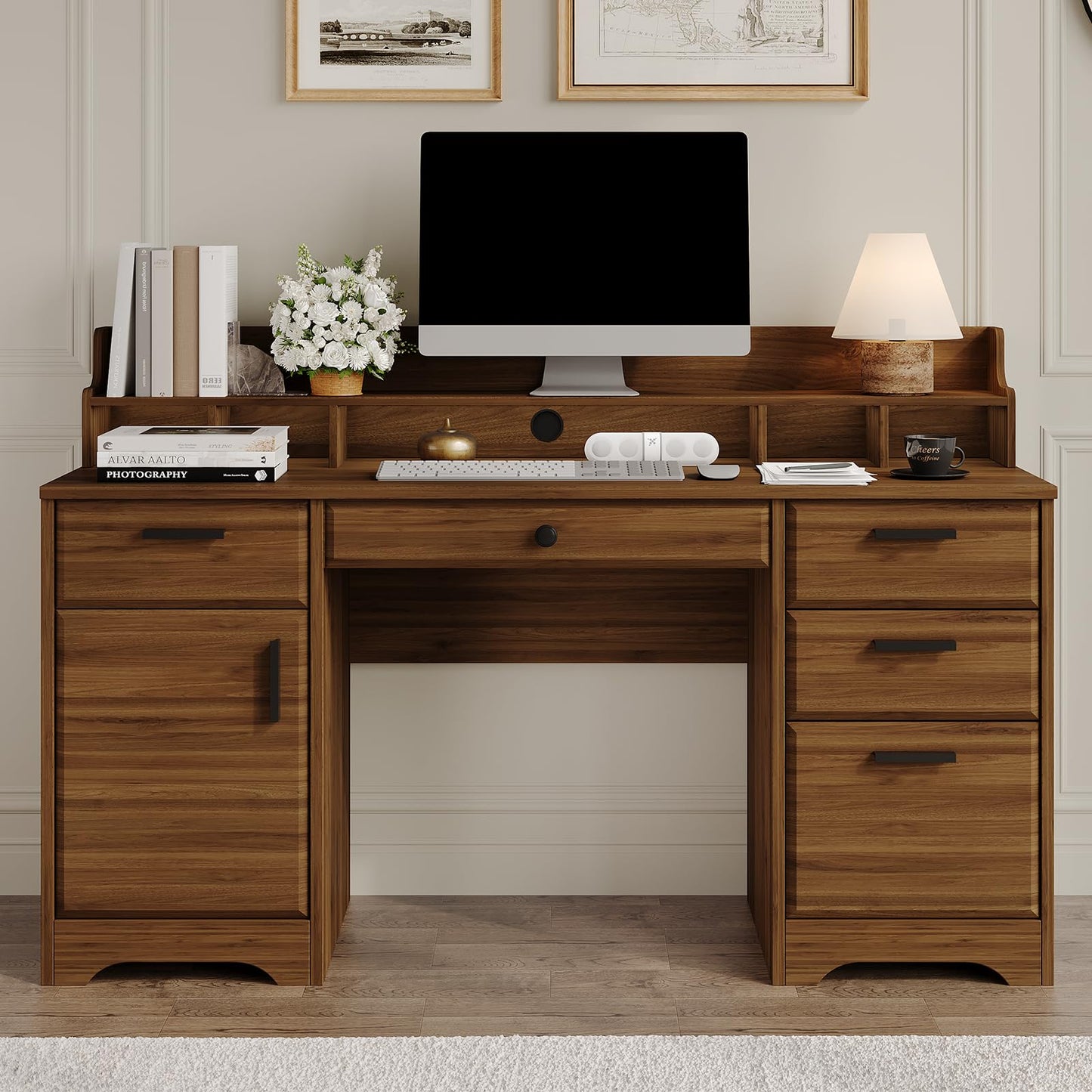 58 Inch Executive Desk with File Drawers, Computer Desk with Storage, Home Office Desk with Storage Cabinet for Bedroom, Rustic Brown