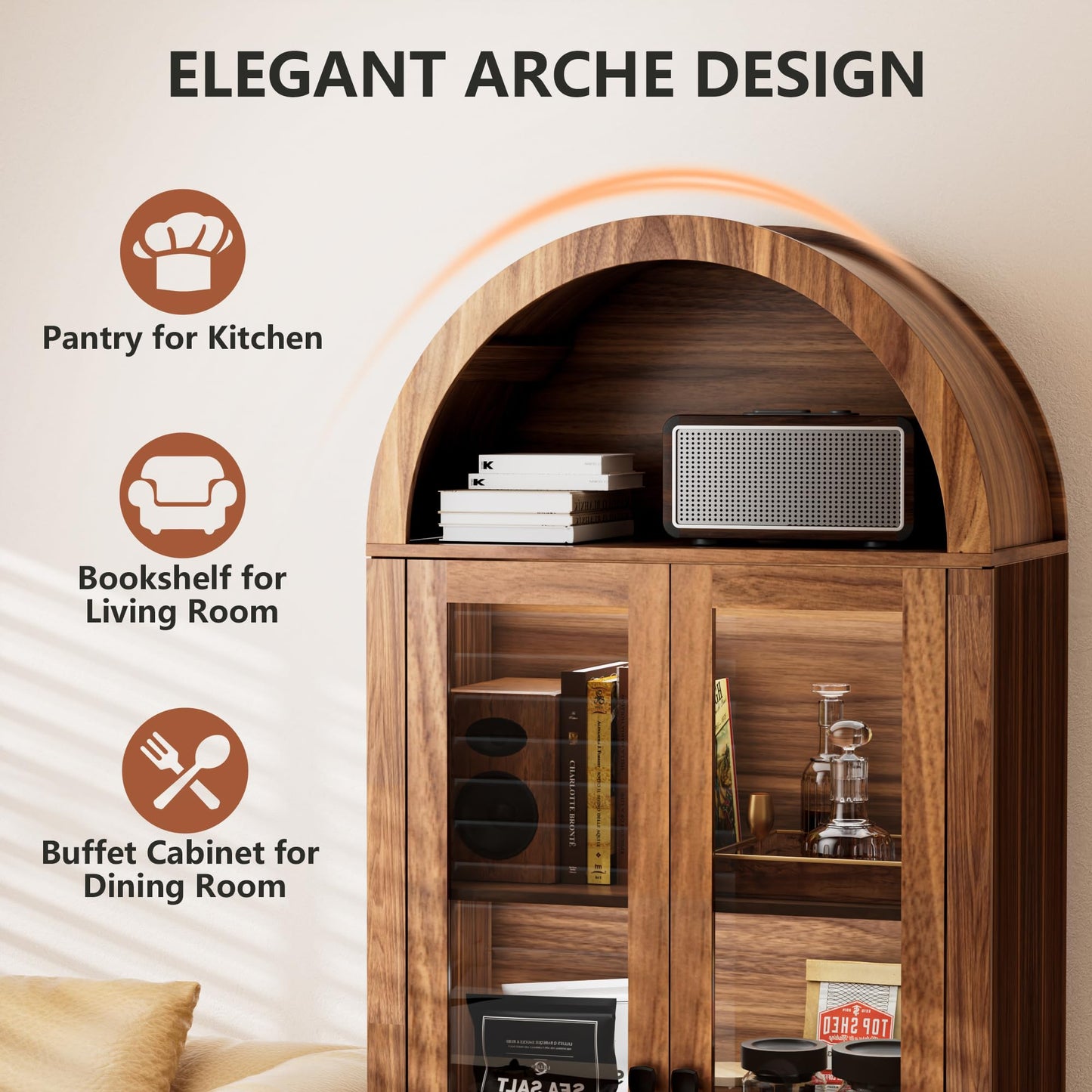 71" Tall Arched Kitchen Pantry Cabinet, Arched Cabinet with Glass Doors, Wooden Bookshelf, Versatile Cupboard for Kitchen, Living Room, Dining Room, Entryway