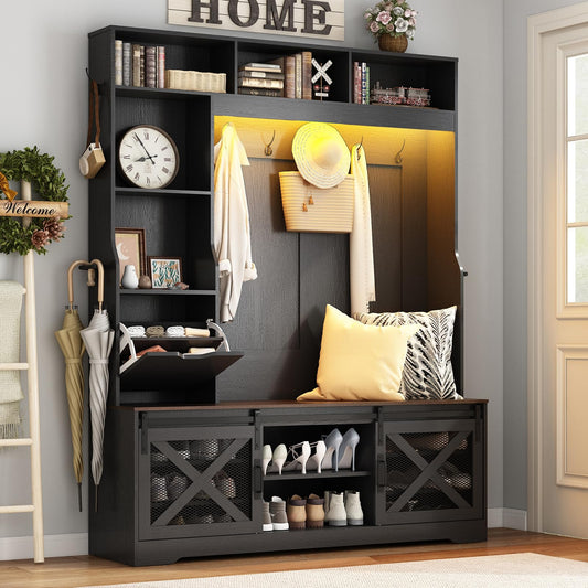75''H LED Farmhouse Hall Tree with Bench and Shoe Storage,Entryway Bench with Coat Rack,16 Shoe Cubbies & Umbrella Holder and Sock Storage Drawer,Mudroom/Hallway Storages Cabinet(black)