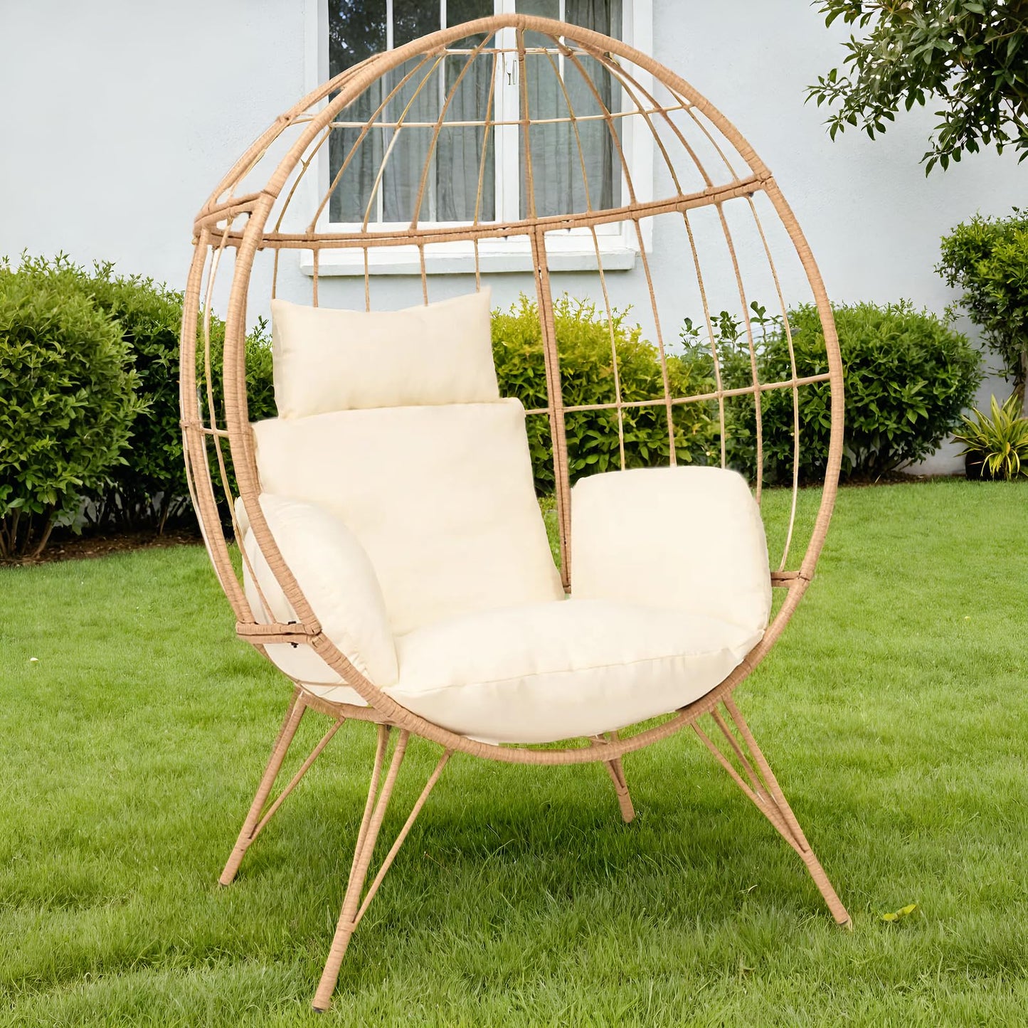 Wicker Egg Chair with Cushion,Outdoor Rattan Egg Basket Chair 350lbs Capacity Oversized Patio Lounge Chair for Living Room,Backyard,Balcony,Beige