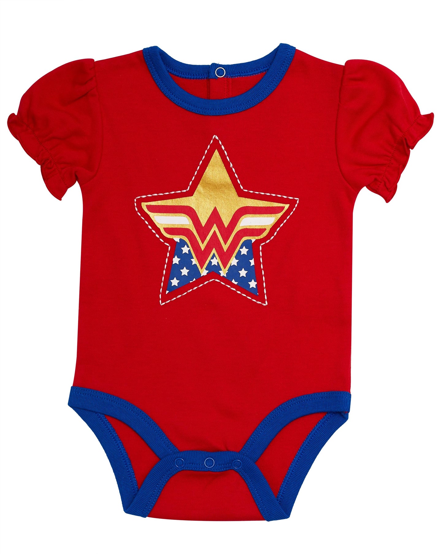 Wonder Woman Baby Girls 4 Piece Set - Short Sleeves T-Shirt with Applique Patch, Legging Pants with Tutu Skirt, Embroidered Onepiece Bodysuit, Drawstring Shorts (Red/Blue/Grey, 3 Months)