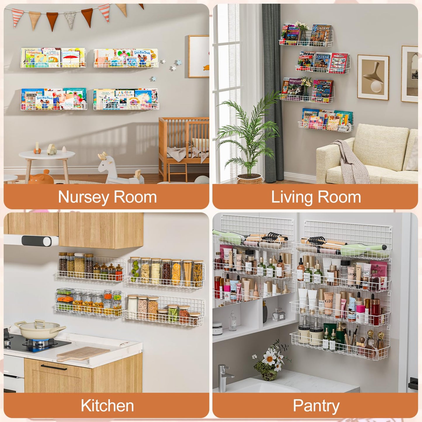 X-cosrack 24 Inch Wall Mounted Kids Bookshelf, Floating Metal Book Shelves for Kids Nursery Toddler Classroom, Hanging Book Shelf Organizer for Room Decor, White, Set of 4