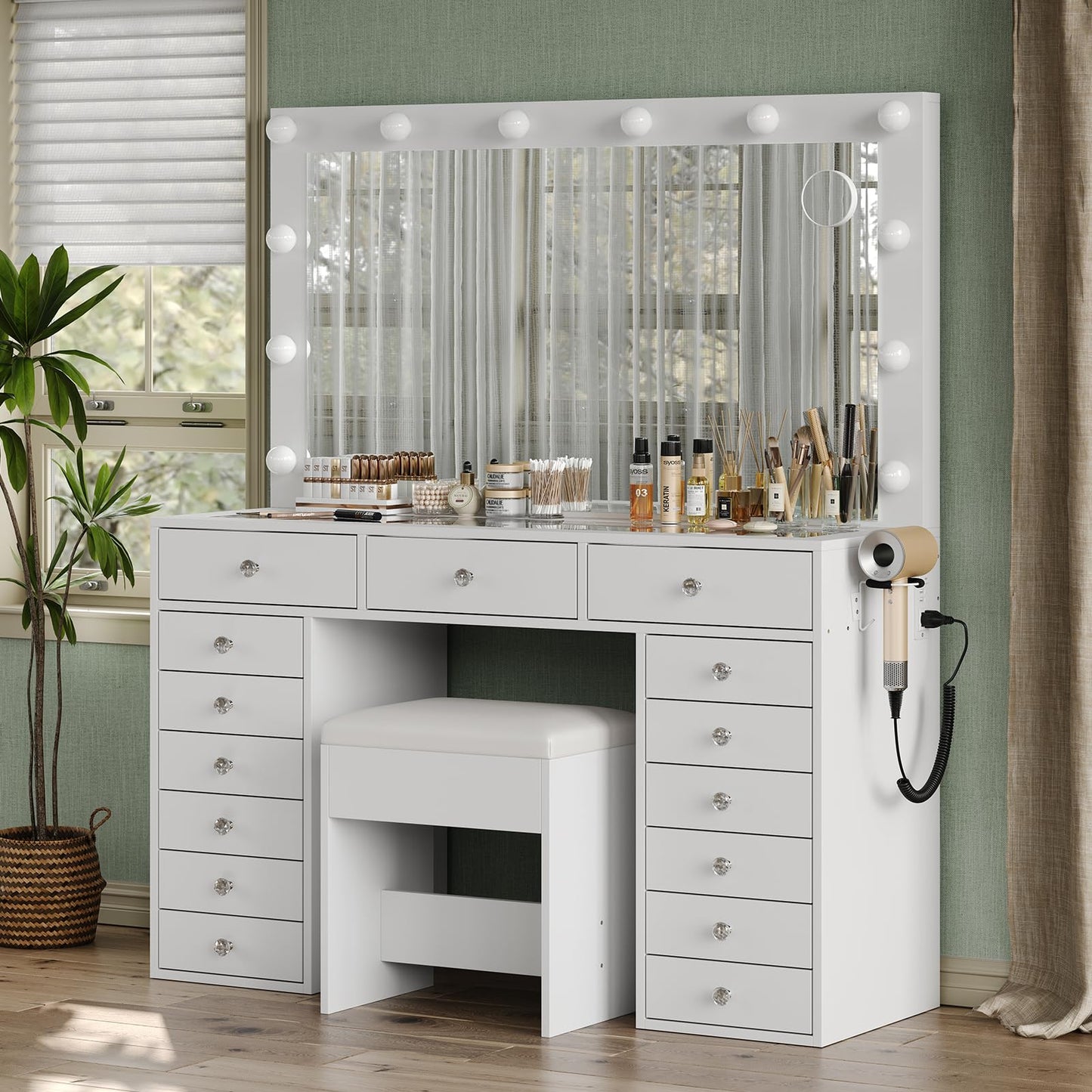 Yanosaku 15 Drawers Makeup Vanity with Charging Station, Vanity Desk with 12 LED Bulbs and HD Mirror, 3 Color Brightness Adjustable, Vanity Set for Bedroom, White