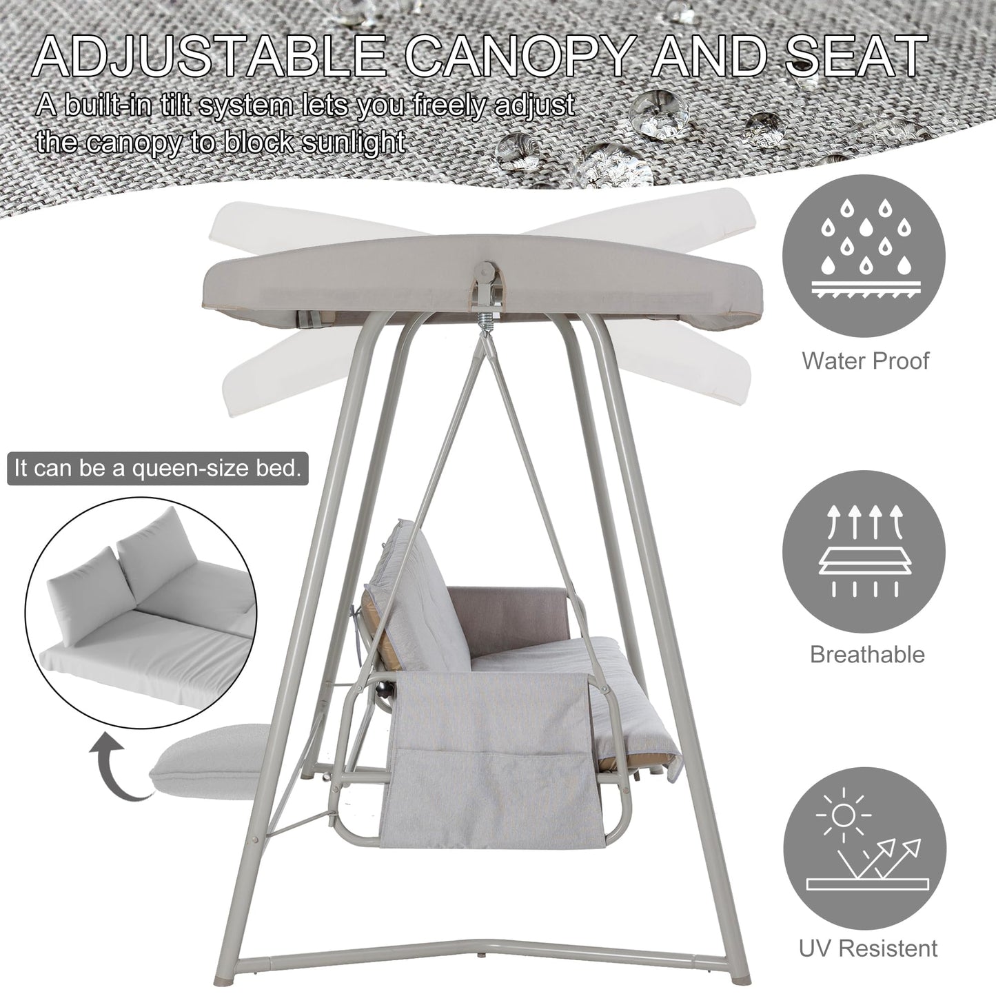 3-4 Seat Outdoor Porch Swing with Adjustable Canopy Patio Swing Bed with Stand Large Swing Glider Bench Chair Outside 770 lbs with Removable Cushions for Yard Garden Poolside Balcony (Champagne)
