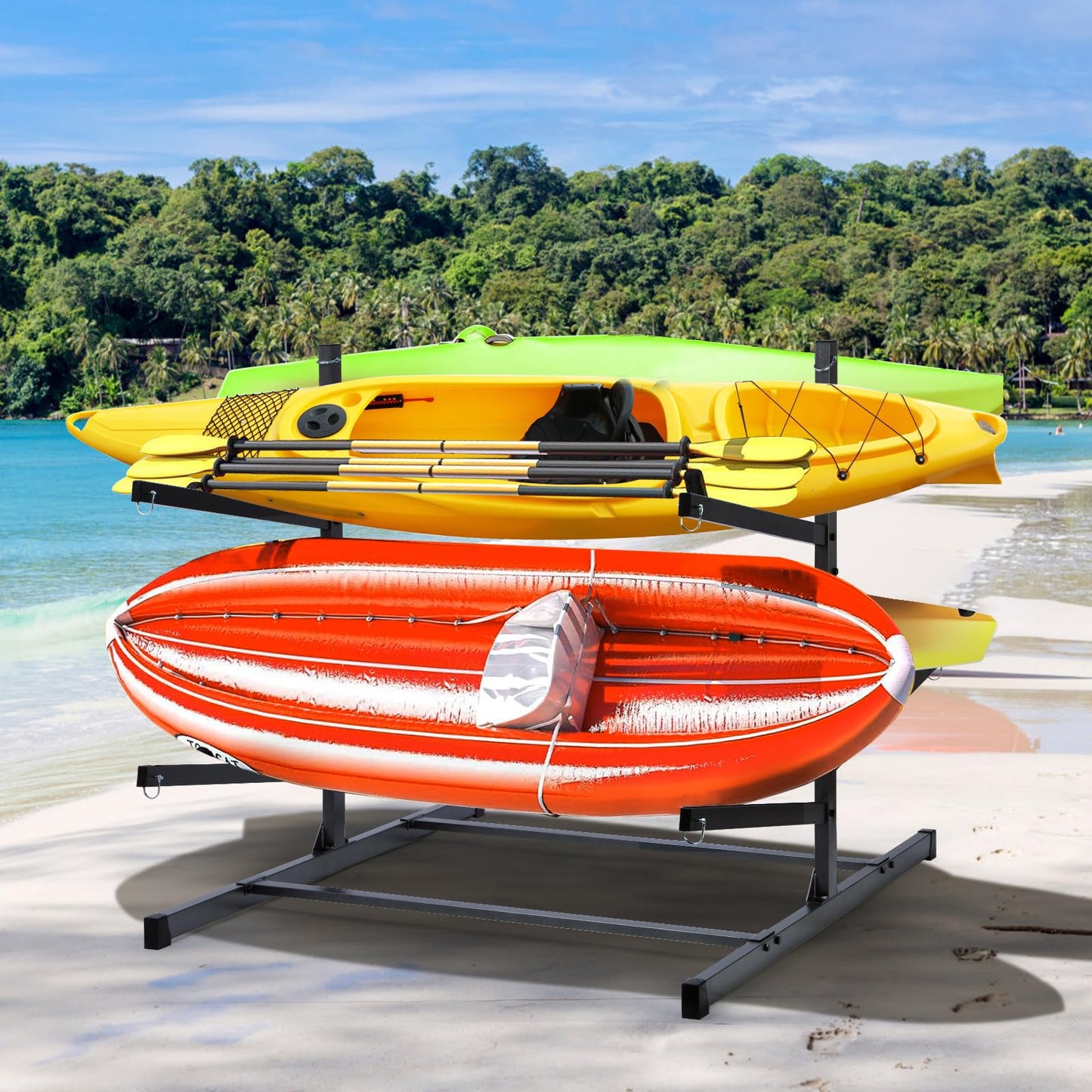 Morohope Freestanding Kayak Storage Rack Kayak Tackle Storage Heavy Duty Weatherproof Outdoor Storage Rack Storage Hooks for Kayaks, SUP, Canoe Paddleboard, 4 Levels