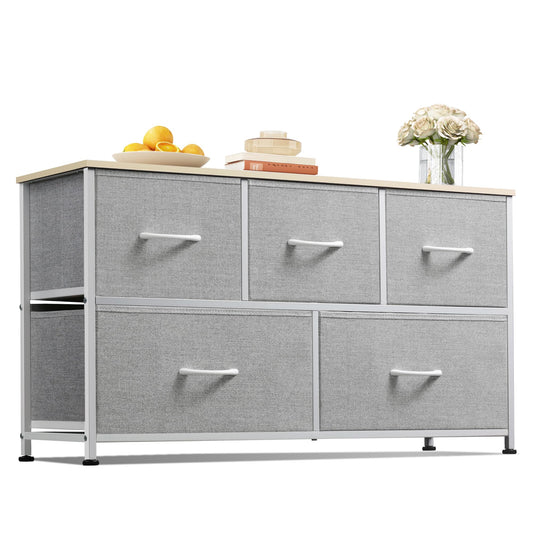 WLIVE Dresser for Bedroom with 5 Drawers, Wide Chest of Drawers, Fabric Dresser, Storage Organization Unit with Fabric Bins for Closet, Living Room, Hallway, Light Grey
