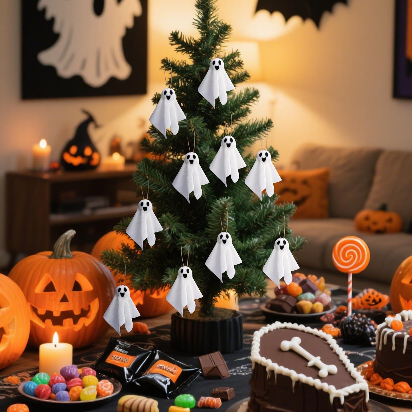 Watayo 16 Pcs Halloween Hanging Ghosts Decoration, 3.5" x 3" Outdoor Small Ghosts Tree Ornaments, Farmhouse Rustic White Cloth Ghost Hanging Decor for Yard Lawn Haunted House Party Decor