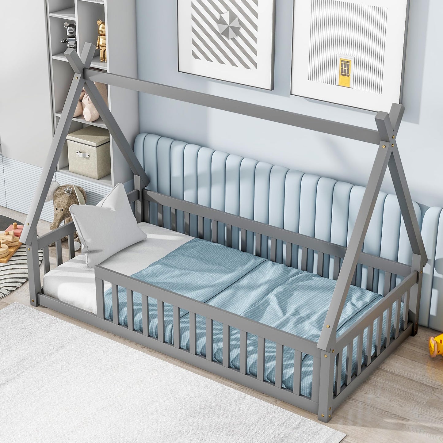 Wekuku Twin Tent Shaped Floor Bed for Kids – Teepee with Guardrails Slats, Grey – Low Profile Bed Frame for Bedroom, Playroom, Nursery
