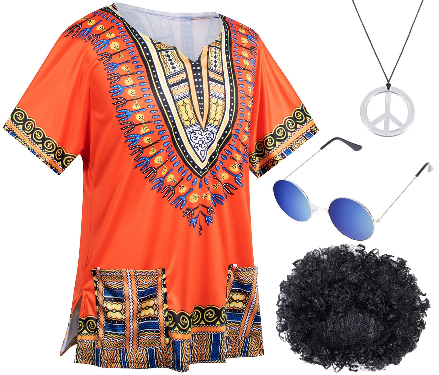 4 PCS Hippie Costume for Mens 60s 70s T-Shirt Afro Wig Accessories Set for Party Cosplay XL Orange