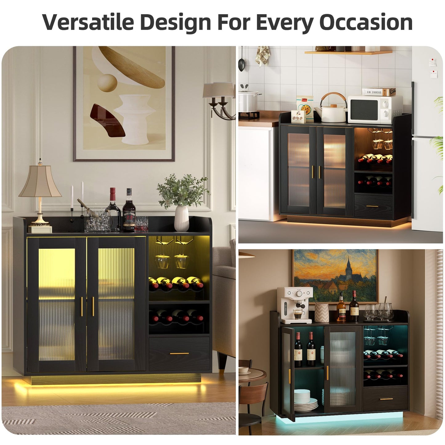 Wine Bar Cabinet with LED Light, Floating Coffee Cabinet with Wine and Glass Rack, Kitchen Buffet Sideboard with Glass Doors and Drawer, Modern Liquor Cabinet for Home, Kitchen, Living Room, Black