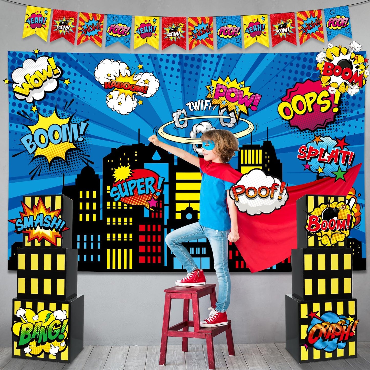17Pcs Super Theme Hero Party Photography Backdrop for Hero Birthday Decorations with Hero Background Skyscraper City Boxes Hero Cutouts Super Banner for Super Theme Hero Birthday Party Supplies