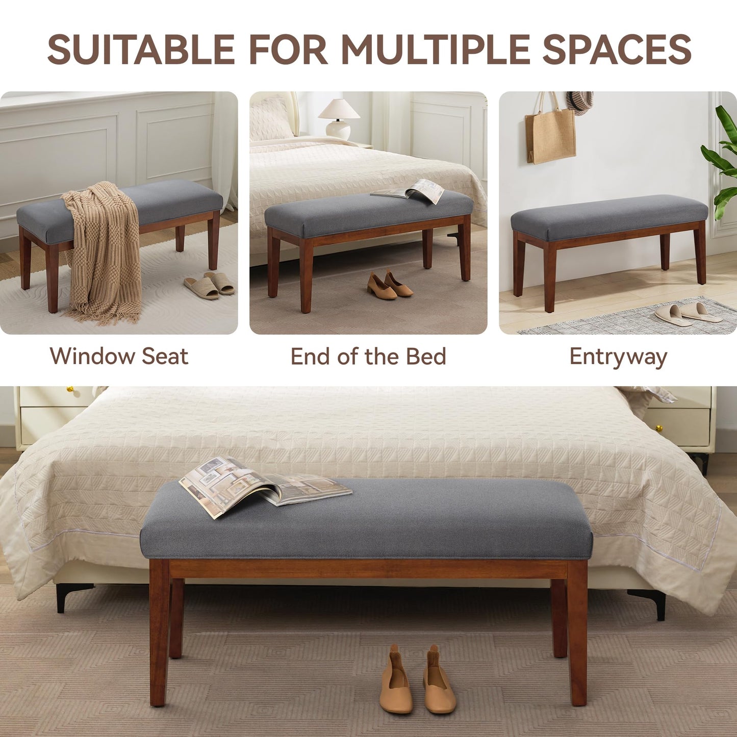 43.5'' Linen Bedroom Bench, Upholstered End of Bed Bench, Padded Vintage Dining Bench, Entryway Bench with Solid Wood Legs, Kitchen, Living Room, Hallway, Dark Grey
