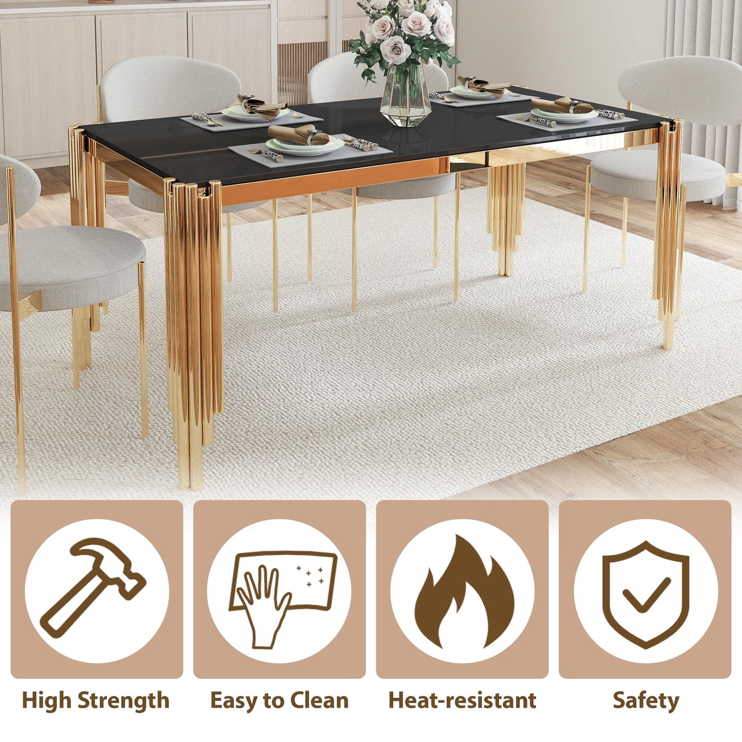 65" Glass Dining Table,Black Tempered Glass Kitchen Tabe with Gold Legs,Golden Dinner Table for 4-6,Rectanglar Modern Dining Table for Apartment,Dining &Kitchen Room(Table Only)
