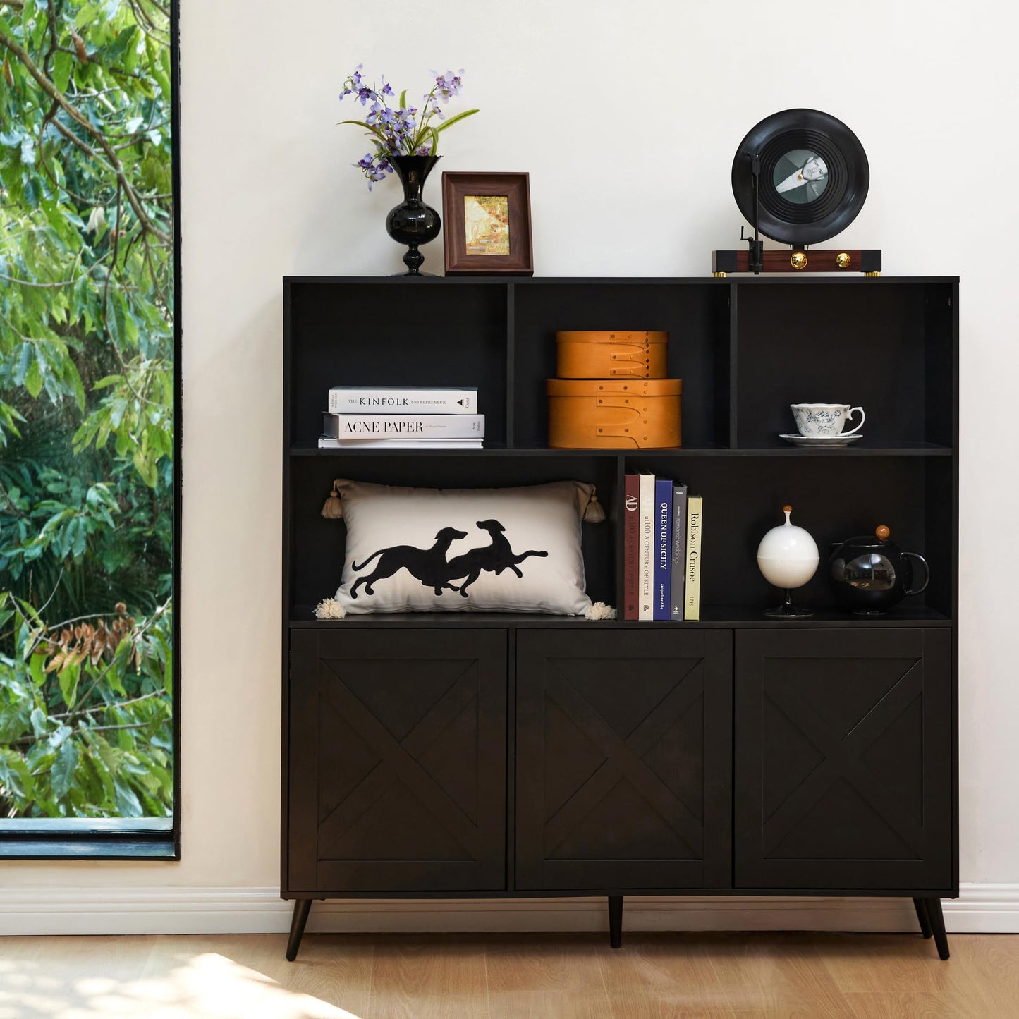 VitoEone Bookcase, Tall Bookshelf Bookcase with Doors, Book Shelves Book Shelf for Bedroom, Black Bookshelf Cabinet with Storage, Book Cases Display Cabinet Bookshelves for Home Office, Living Room