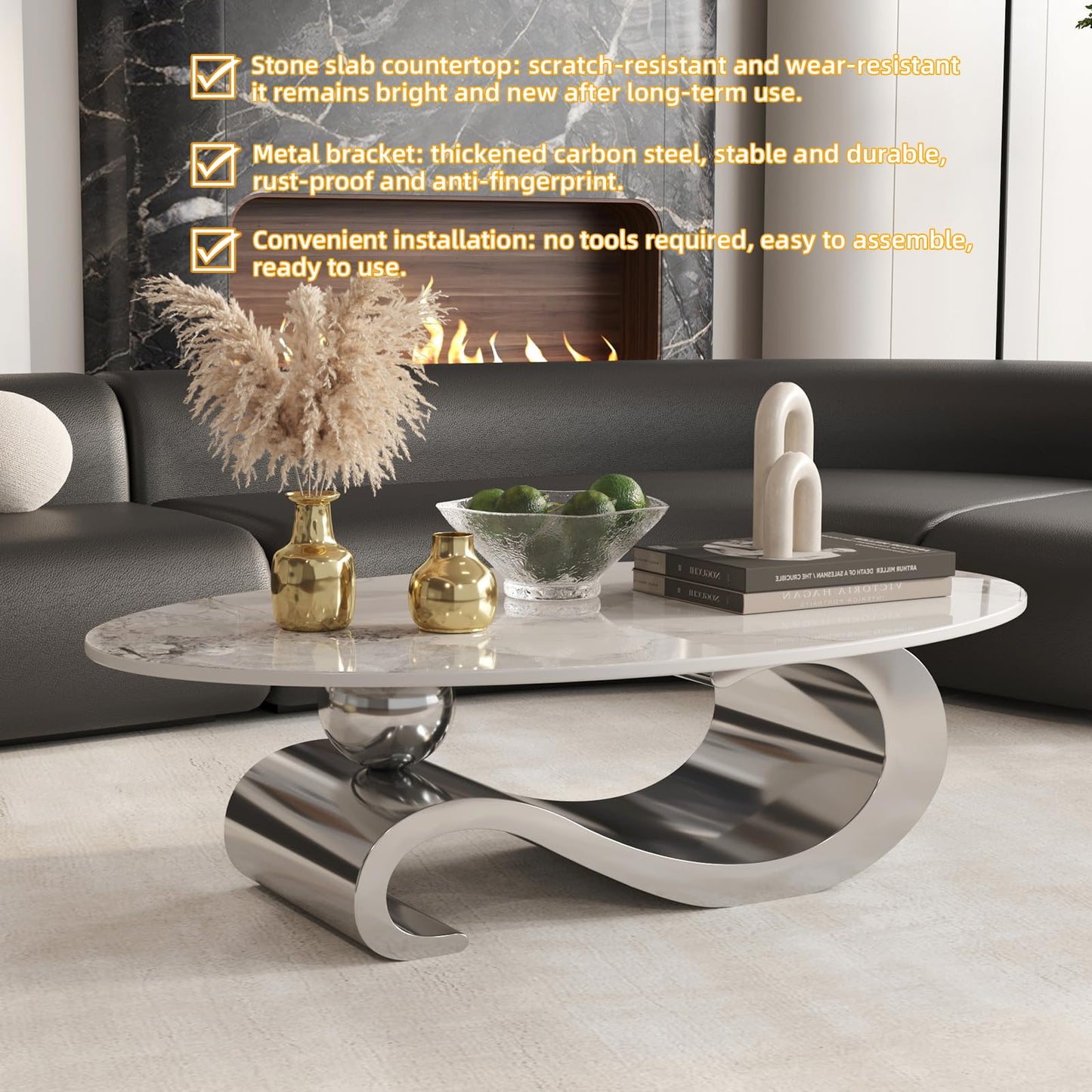 52" Marble Coffee Table for Living Room - Modern Luxury Gold Metal Base Coffee Table, Scratch-Resistant, Easy Assembly, Accent Furniture for Home Decor (Silver)