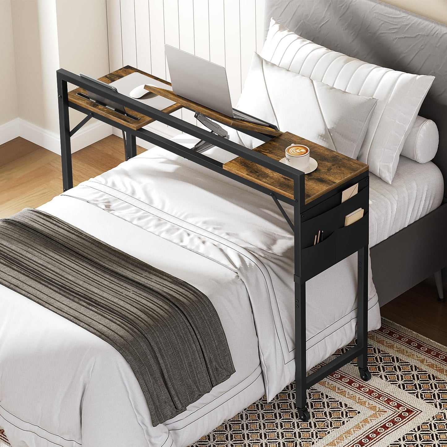 YATINEY Overbed Table with Wheel, Laptop Table Charging Station, Recliner Table with Adjustable Stand and Storage, Over Bedside Tables for Home, Dormitory, Sofa, Rustic Brown and Black SF03UBR