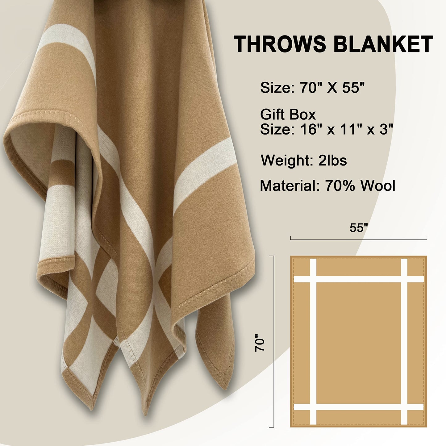 Wool Blanket & Throws 90% Wool Warm Blanket Soft Couch Blankets 75"x55" Twin Throw Blankets for Living Room, Camping, Outdoors, or Car Travel with Exquisite Box for Gift (Camel)