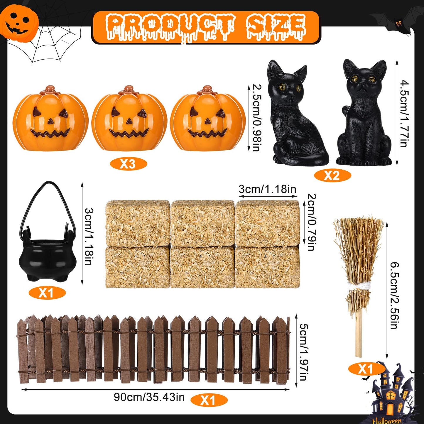 Wesiti 14 Pcs Halloween Village Accessories Set Halloween Miniature Figurines Included Pumpkins, Black Cat, Hay Bales, Witch Pot, Broom and Fence for Hallowmas Dollhouse Tabletop Party Decor