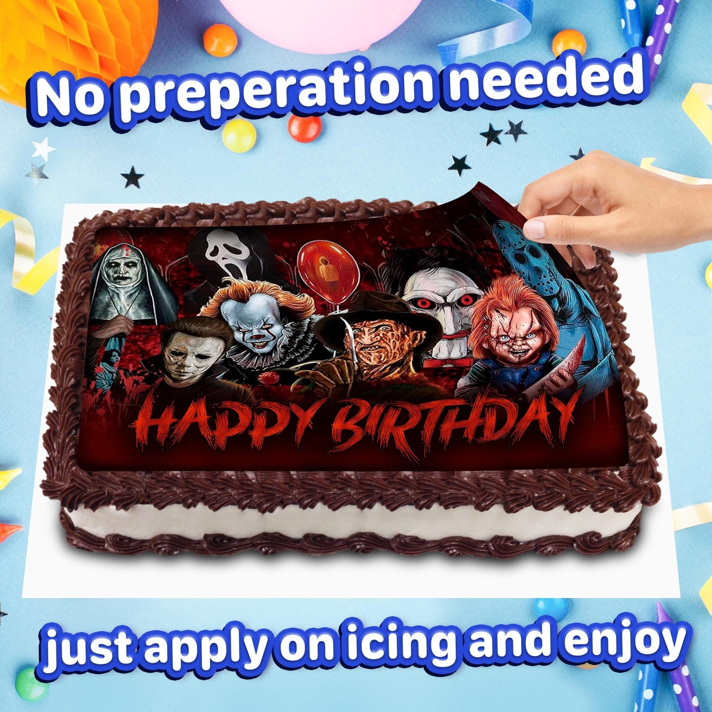 8.3 x 11.7 Inch Edible Square Cake Toppers – Horror Themed Birthday Party Collection of Edible Cake Decorations
