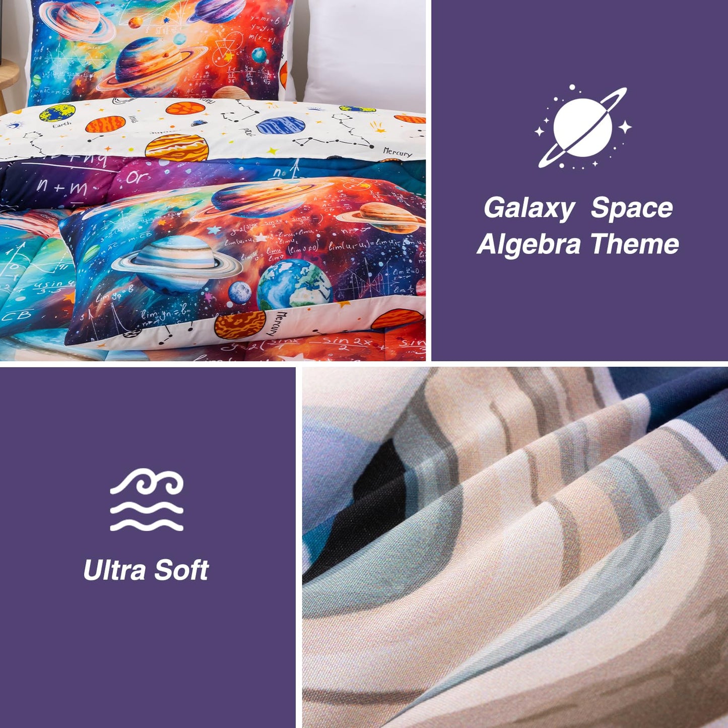 A Nice Night Boys Galaxy Twin Bedding Set 6 Piece Bed-in-a-Bag Comforter with Sheet Set, Space Algebra Theme Polyester Bed Sets for Kids,Purple