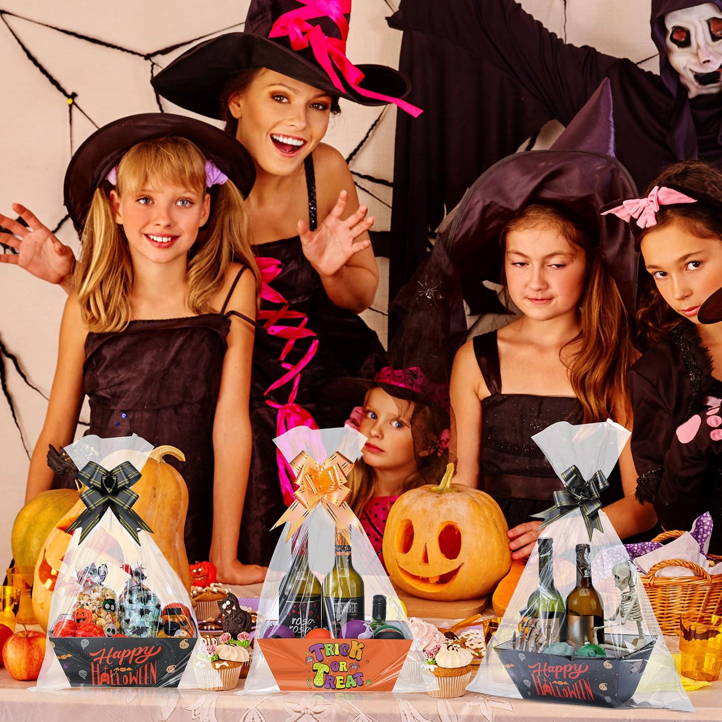 Yeaqee 36 Pcs 12 Pack Halloween Basket for Gifts with Bows Ribbons Bulk Treat Basket Orange Black Gift Baskets for Halloween Treat Party Favors