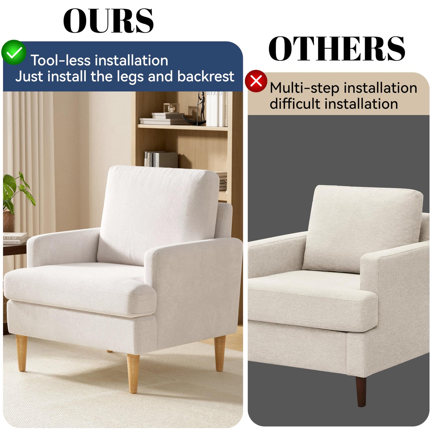 VKNOW Mid-Century Accent Chair, Modern Upholstered Chenille Armchair for Living Room,Comfy Reading Accent Chairs with Wood Legs for Bedroom, Beige