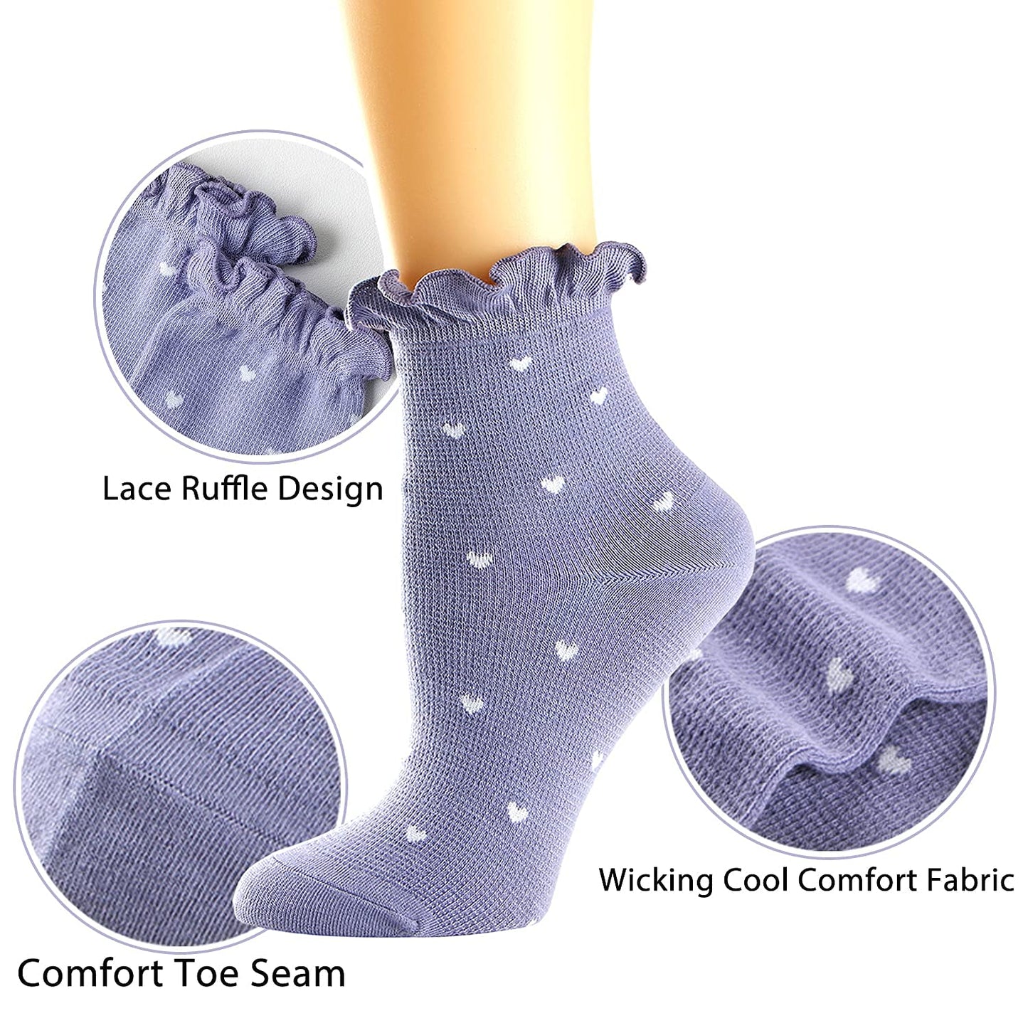 Women's Socks,Ruffle Ankle Socks Comfort Cool Thin Cotton Kawaii Mary Jane Hearts Pattern Cute Frilly Socks For Women