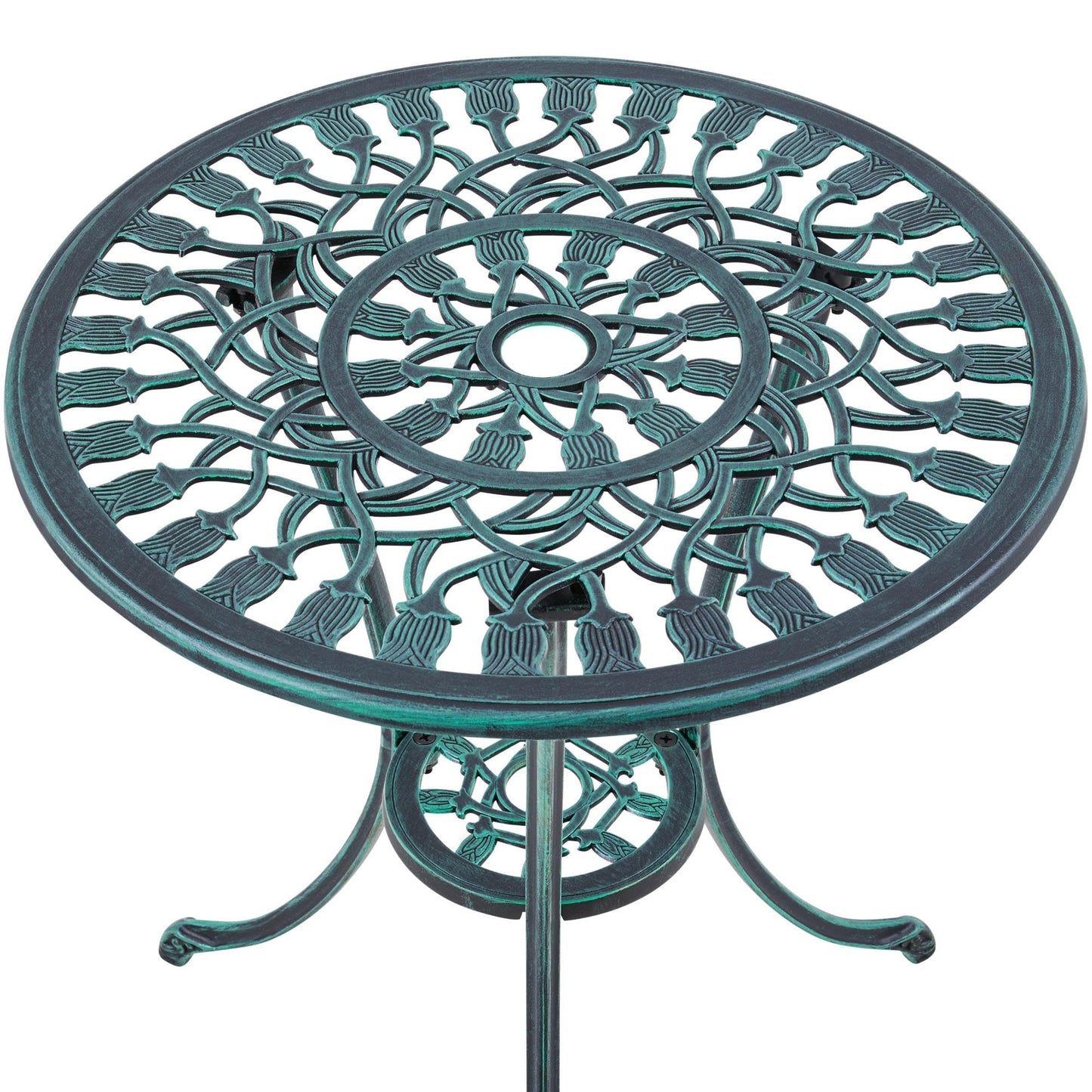 Yaheetech Patio Bistro Sets 3 Piece Cast Aluminum Bistro Table and Chairs Set, Cast Aluminum Bistro Table and Chairs Set of 2 with Umbrella Hole for Patio Backyard Balcony, Green