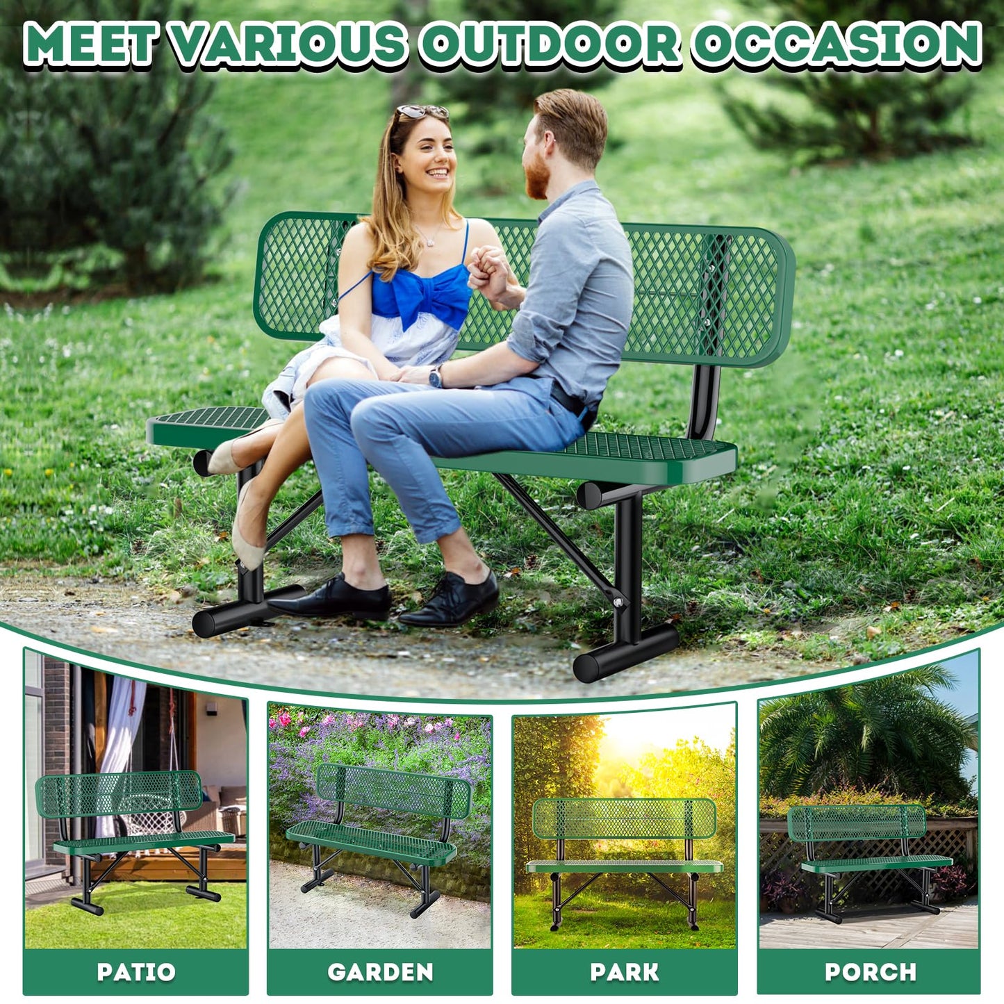 4FT/48INCH Heavy Duty Metal Park Bench for Outside, Outdoor Garden Benches with Backrest & Portable Frame, Expanded Metal Mesh Bench for Shopping Malls, Lawn, Park, Deck, Patio, Porch, Green
