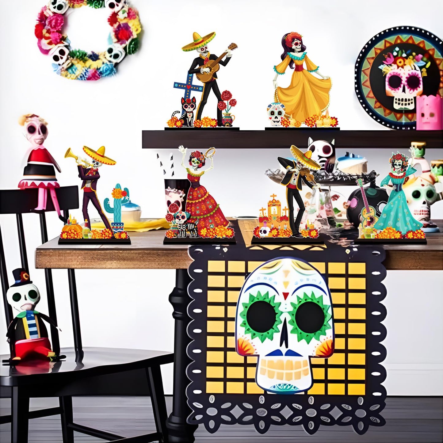 6Pcs Dia De Los Muertos Decorations Wooden Table Centerpiece Day of the Dead Decorations Dancing Couple Sugar Skull Table Topper Photo Props for Mexican Day of The Dead Party Tiered Tray Decor