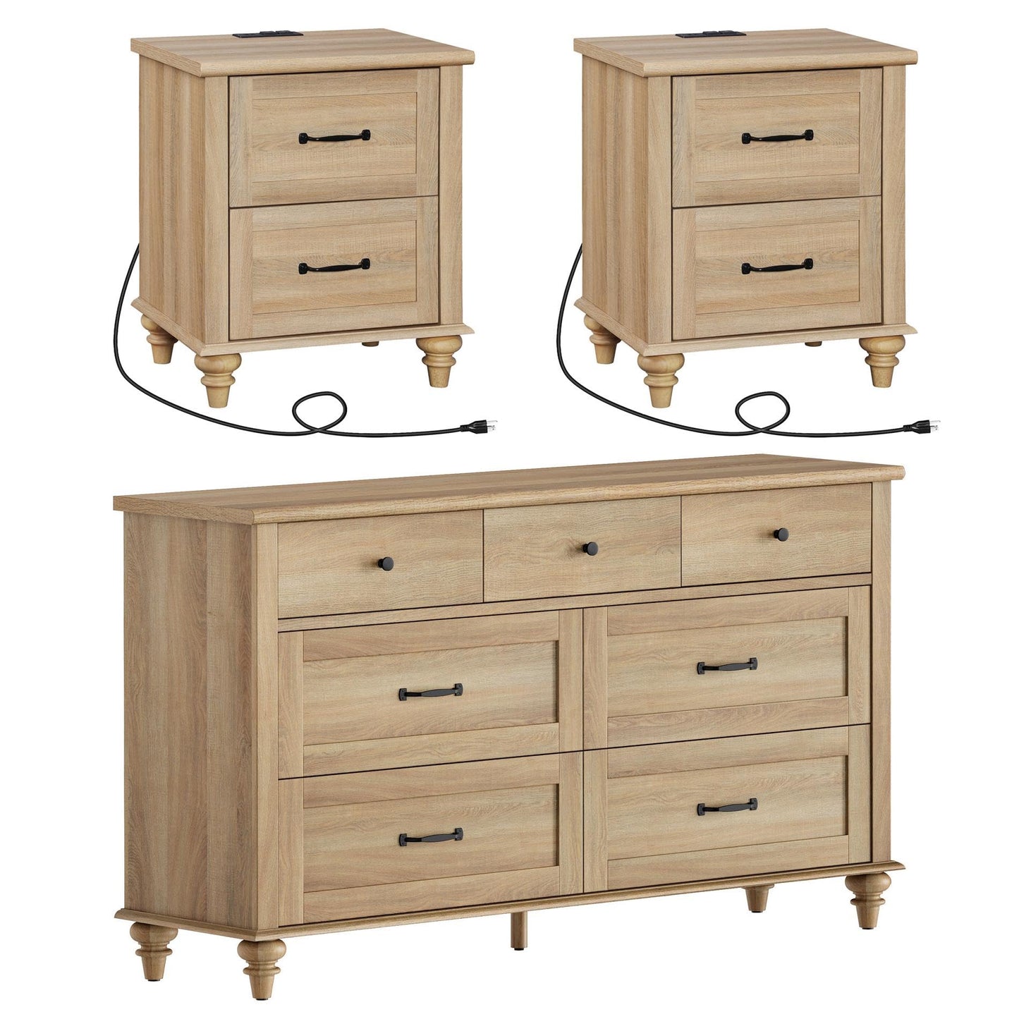 WAMPAT 3 Piece Bedroom Set - Includes 7 Drawer Dresser for Bedroom, Set of 2 Night Stands with Charging Station & Drawers, 3 Piece Dresser and Nightstand Sets, Oak