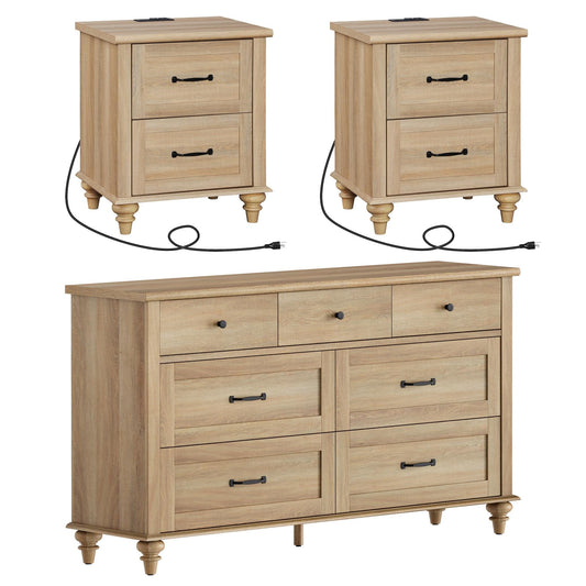 WAMPAT 3 Piece Bedroom Set - Includes 7 Drawer Dresser for Bedroom, Set of 2 Night Stands with Charging Station & Drawers, 3 Piece Dresser and Nightstand Sets, Oak