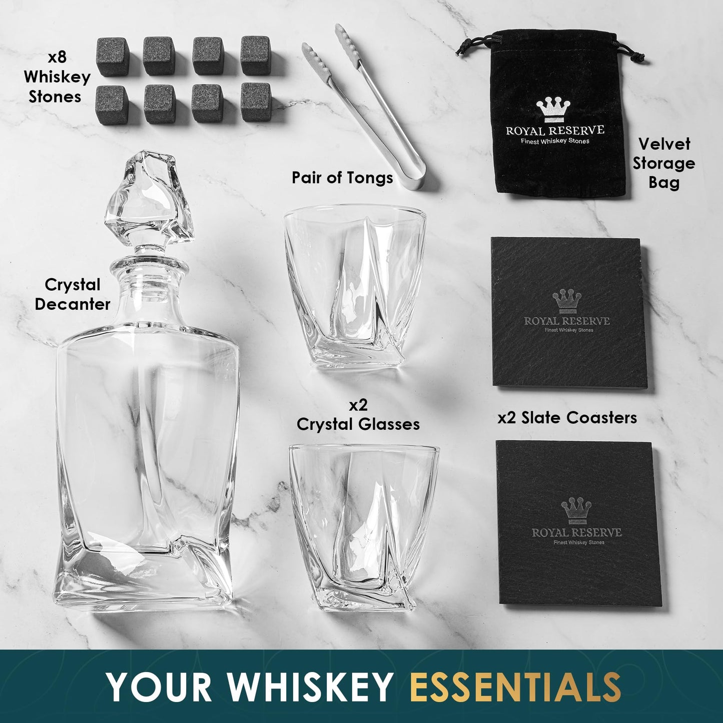 Whiskey Decanter Set by Royal Reserve – Whiskey Gift Set - Twisted Bourbon Decanter 24 oz 750 ml with Glasses, Whiskey Stones, Coasters, Tongs – Whiskey Gifts for Men, Husband, Dad Christmas