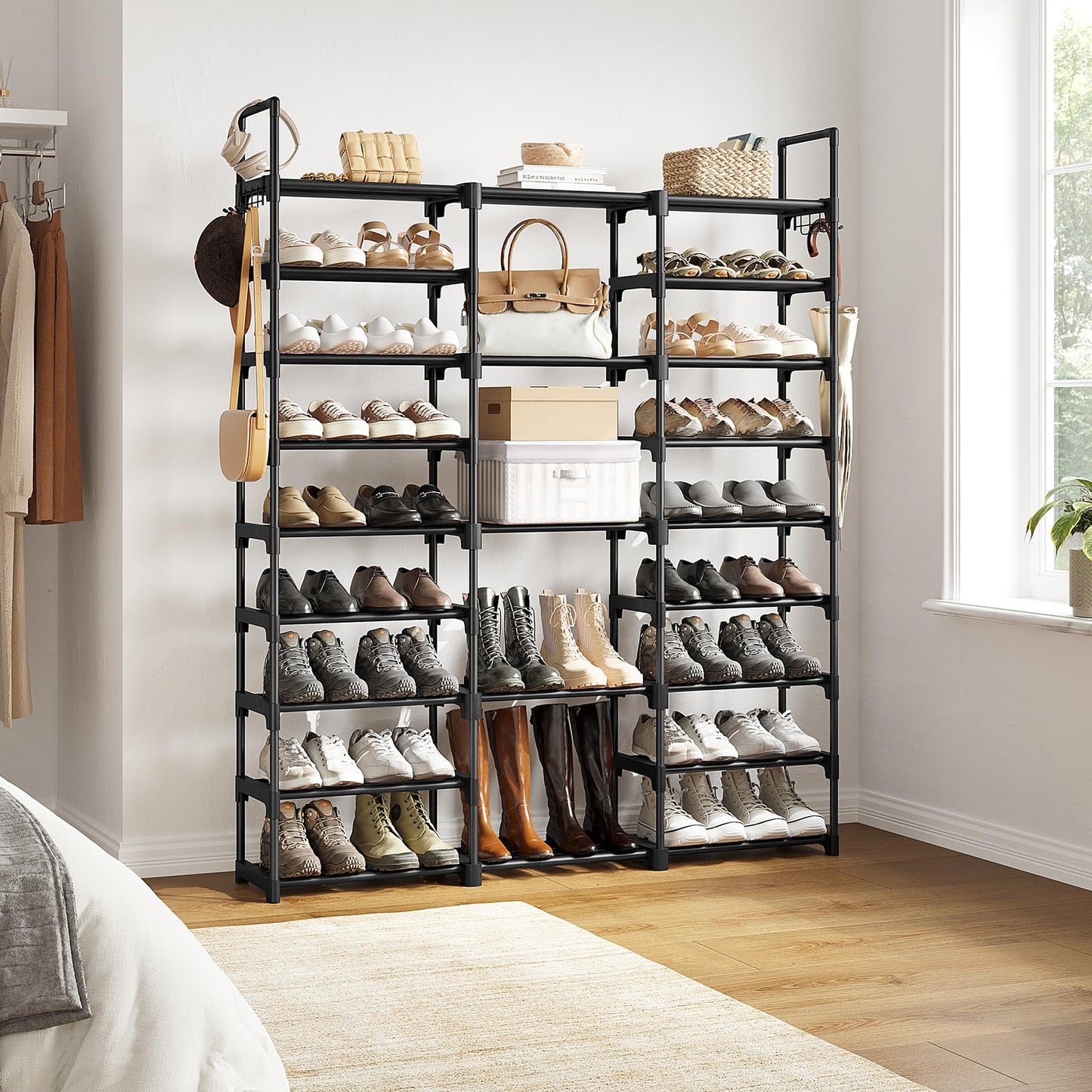 WOWLIVE 9 Tiers Large Shoe Rack Storage Organizer for Closet 50-55 Pairs Shoe Tower Unit Shelf Stackable Shoe Rack with Metal Pipes Plastic Connectors Black(SSS3B9)
