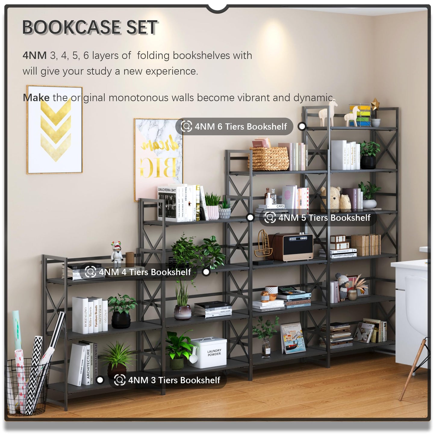 4NM 5 Tiers No Assembly Book Shelves, Black Folding Bookshelf Bookcase Open Industrial Foldable Shelves for Bedroom, Living Room, Home Office - All Black