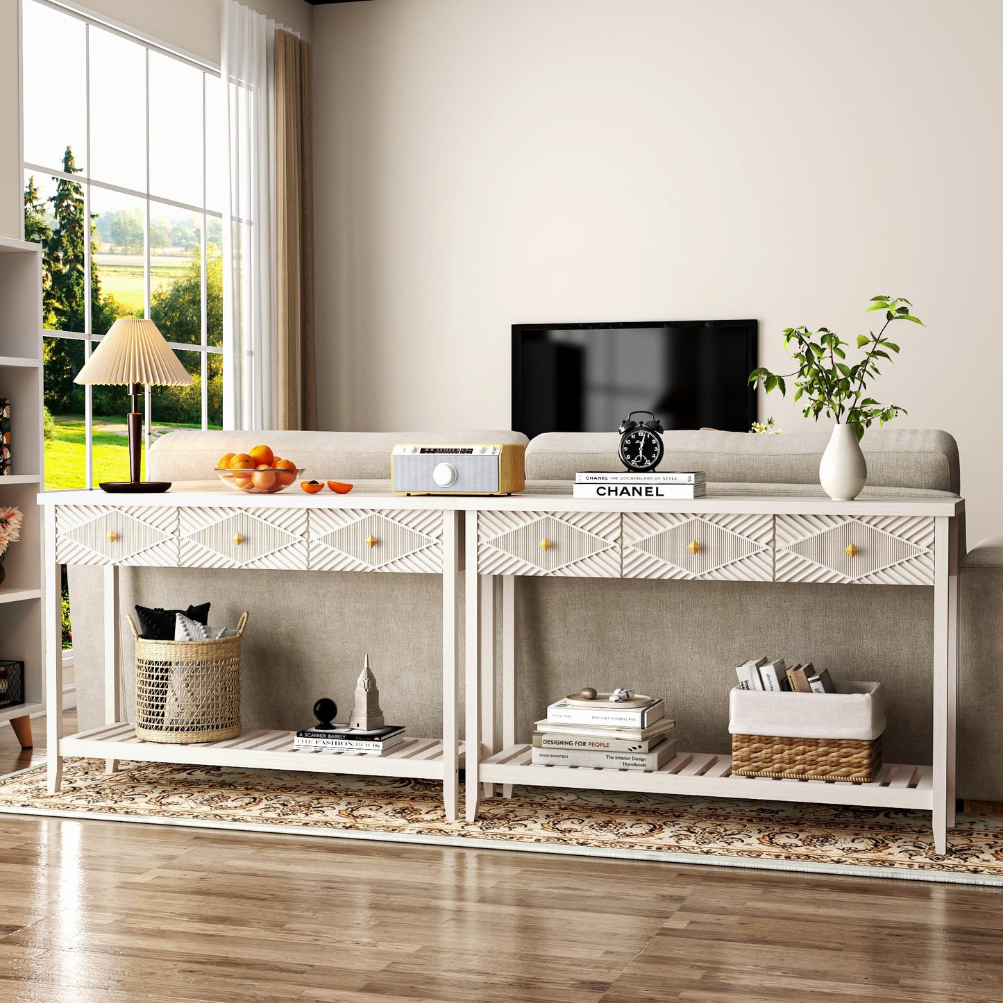 47" Console Table with 3 Drawers, Fluted Wood Entryway Table with Storage Shelf, Narrow Long Sofa Table Modern Behind Couch Accent Table for Living Room, Entryway, Hallway, Foyer