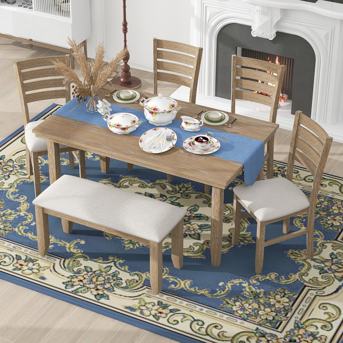 6-Piece Dining Table Set with Bench for 6 Rectangular Kitchen Table Set with 4 Chairs & Bench Retro Dining Room Table and Chairs for Kitchen, Dining Room (Natural)