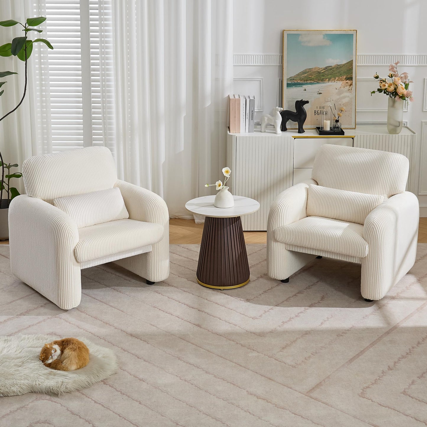 WUTUTUEE Corduroy Fabric Accent Chair, Modern Upholstered Living Room Chairs with Lumbar Pillow, Wide Comfy Leisure Armchair for Bedroom, Office, Reading, White